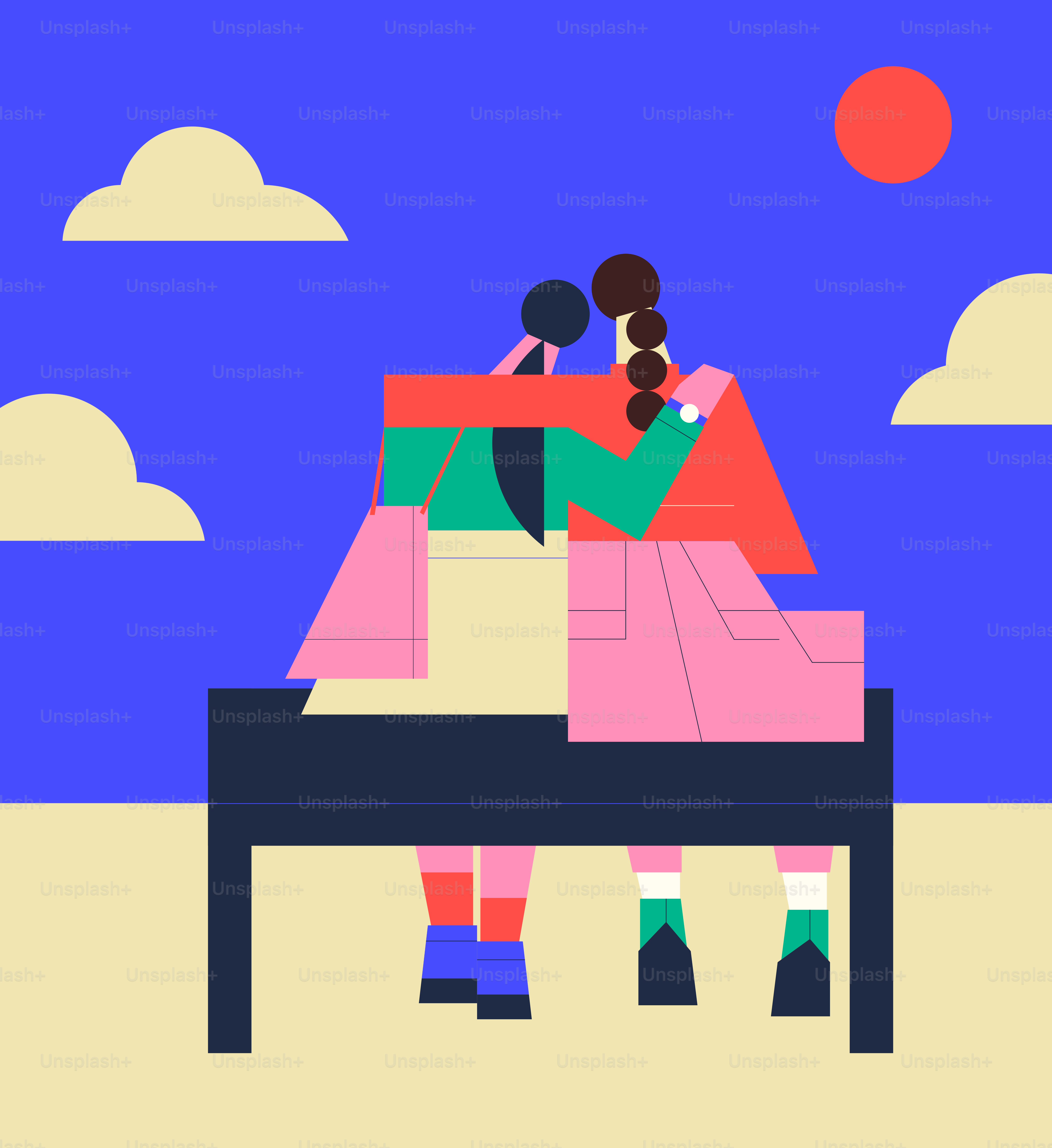 Two people embracing at a table under a red sun.