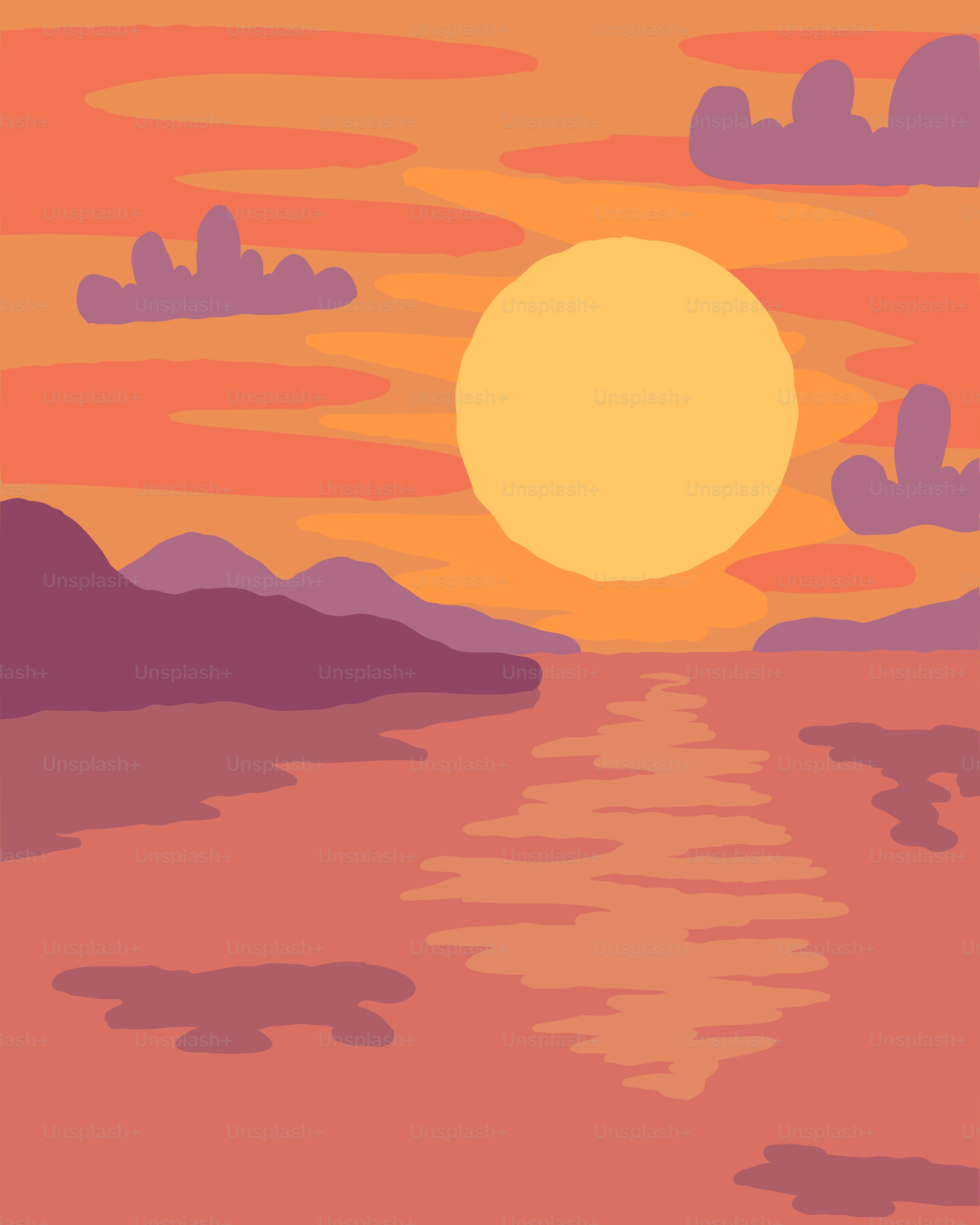 A stylized sunset over a calm body of water.
