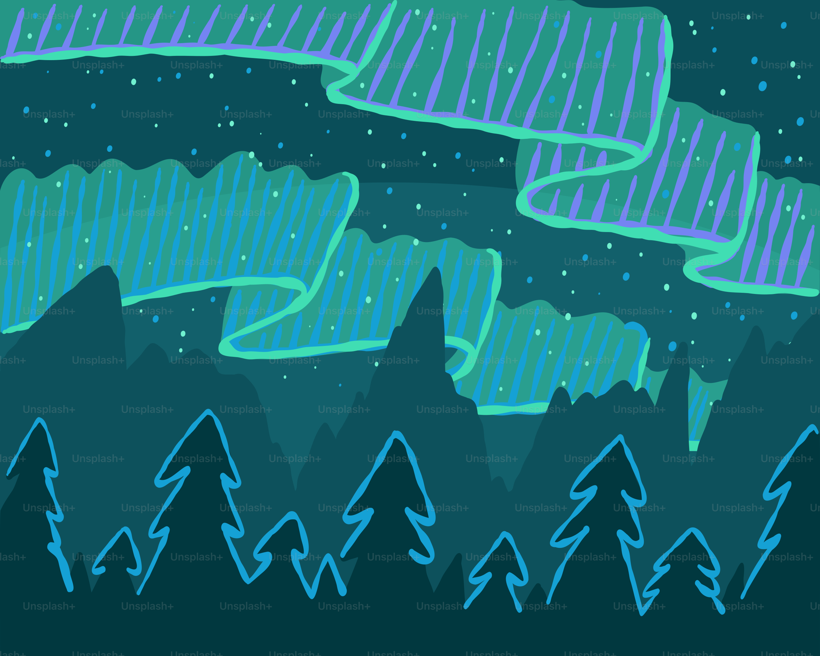 Green and purple aurora borealis over dark forest.