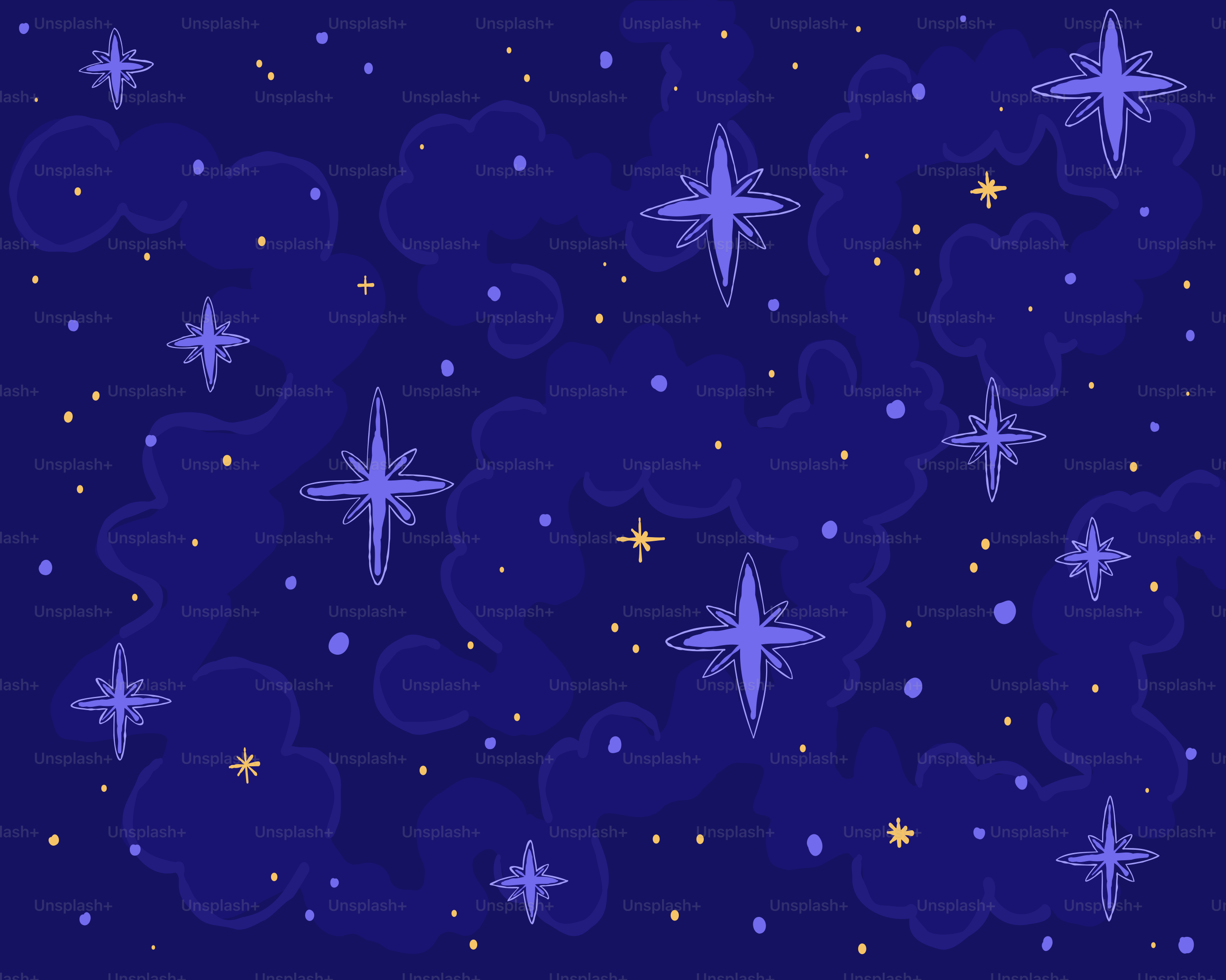 A dark blue background with stylized stars and clouds.