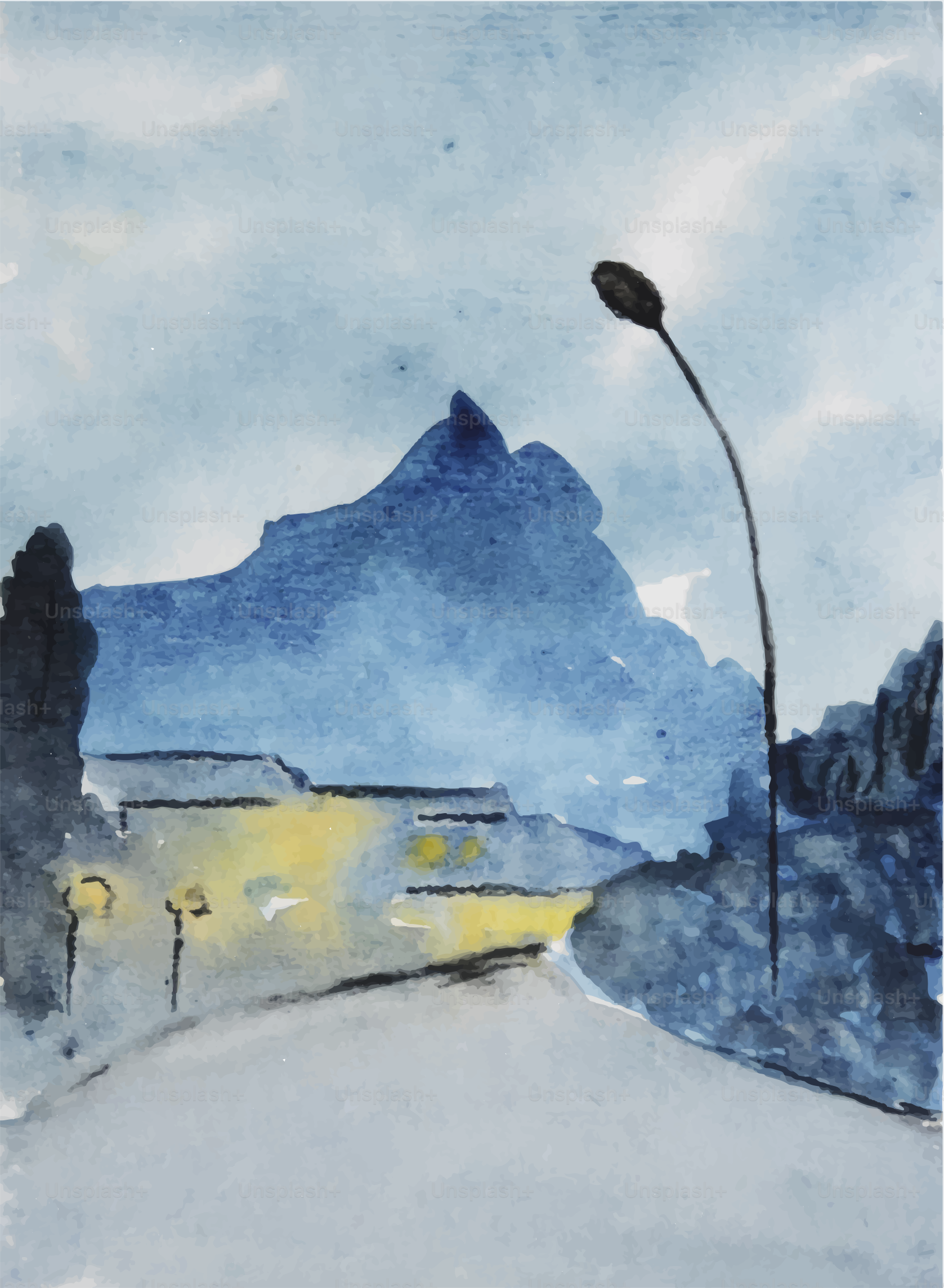 A painting of a street light and a building