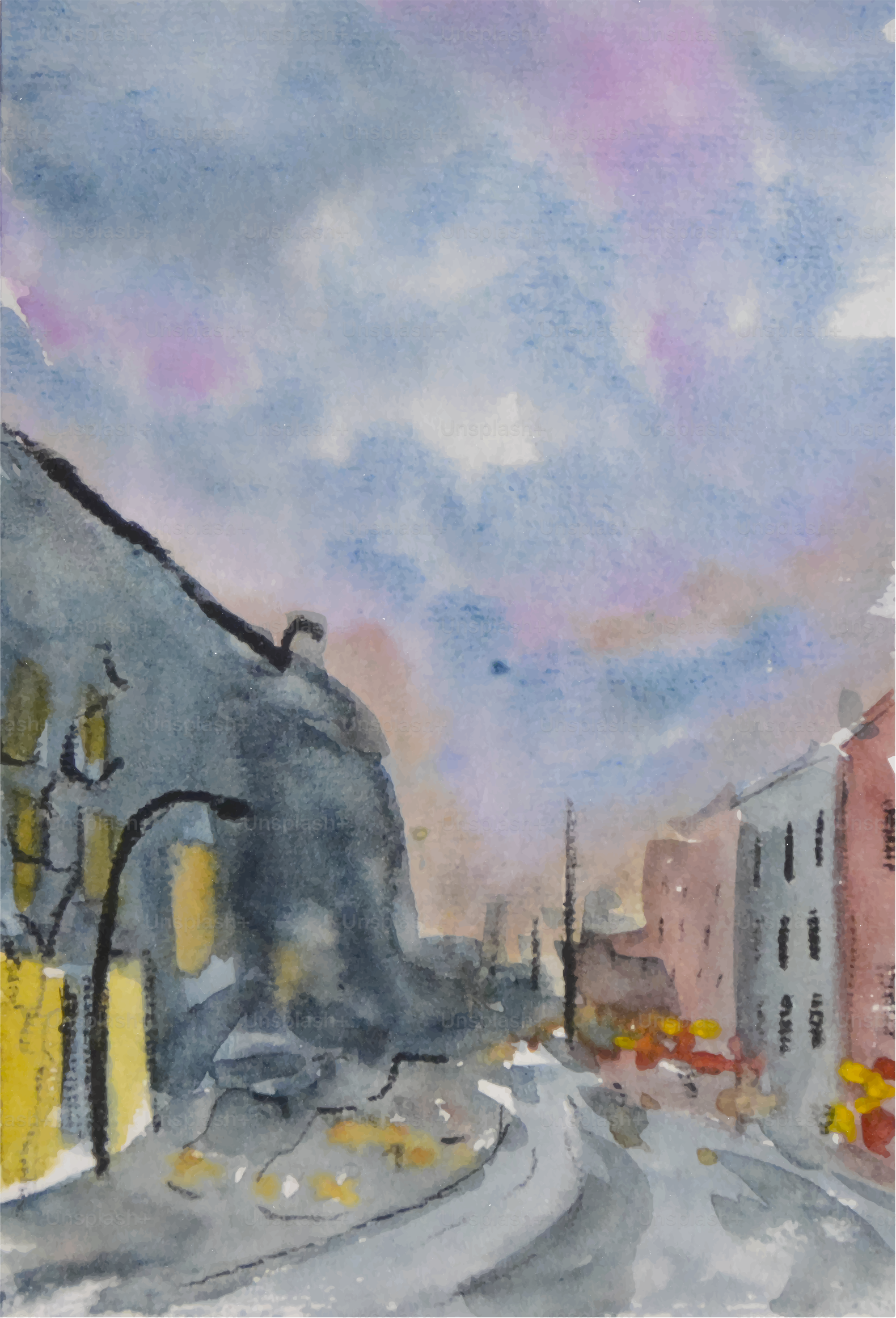 Une peinture d’une rue de la ville avec des bâtiments