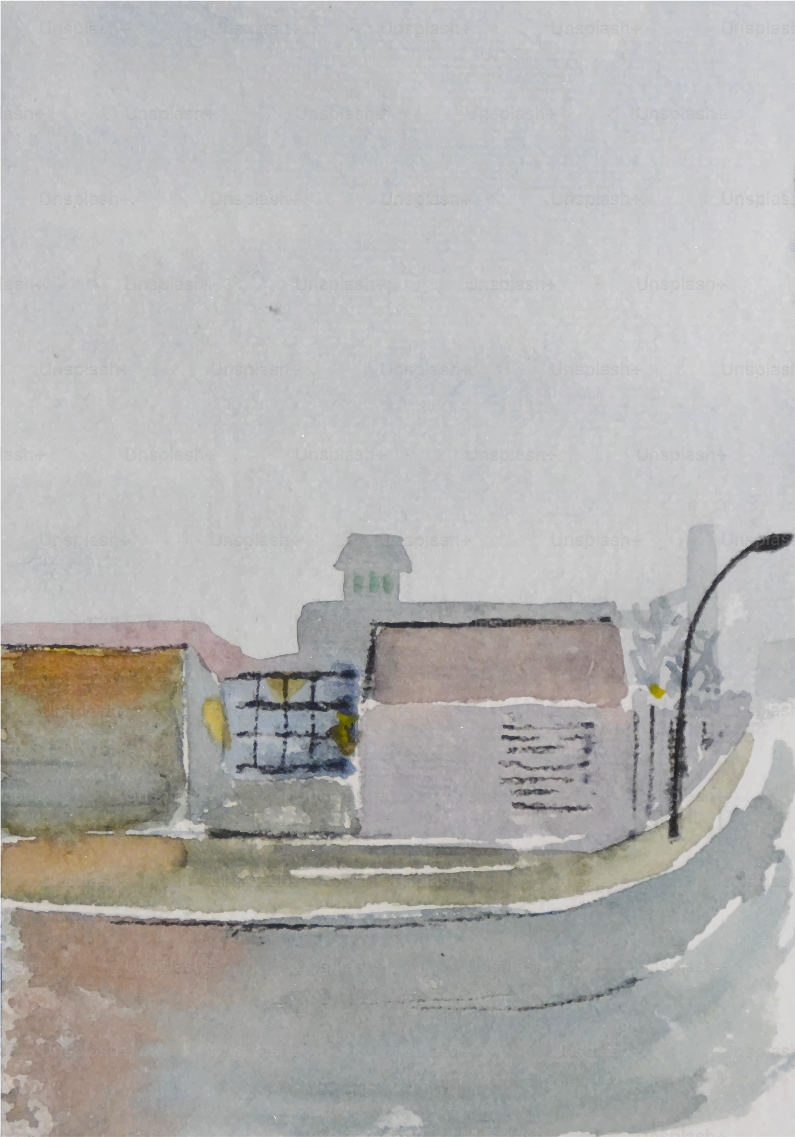 Ein Aquarell einer Straßenlaterne und Gebäuden