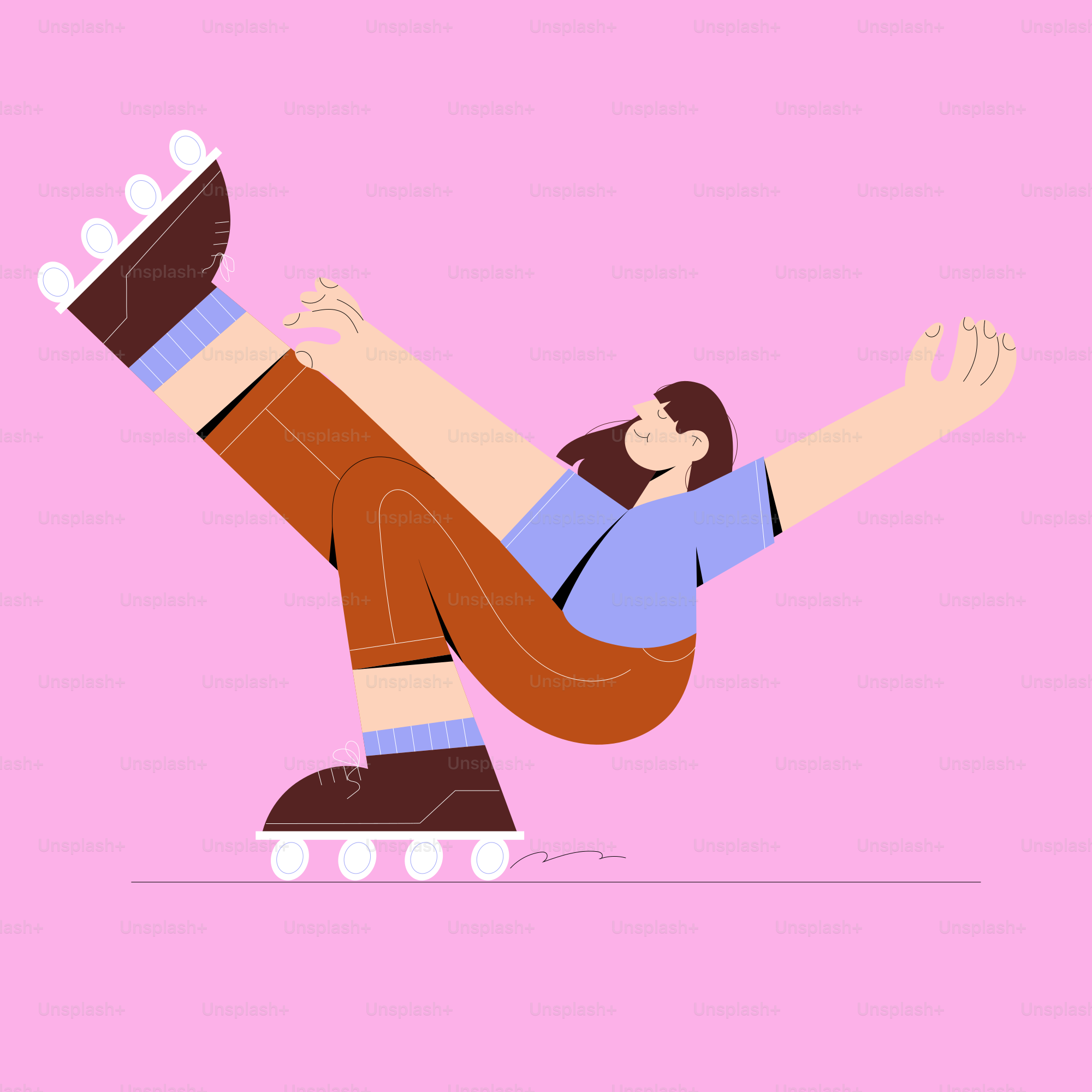 Woman in roller skates balancing on pink background.