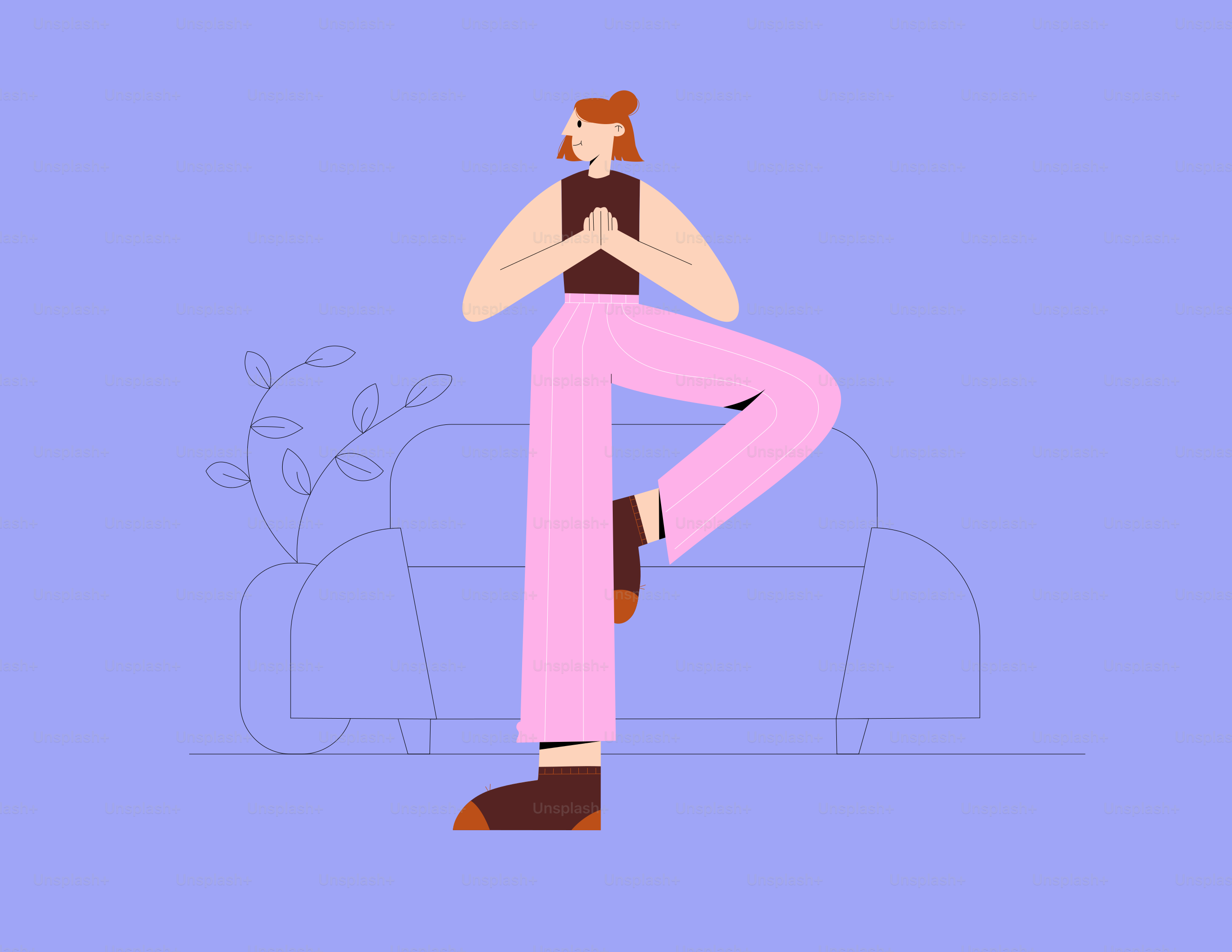 Woman in tree pose on a purple background.