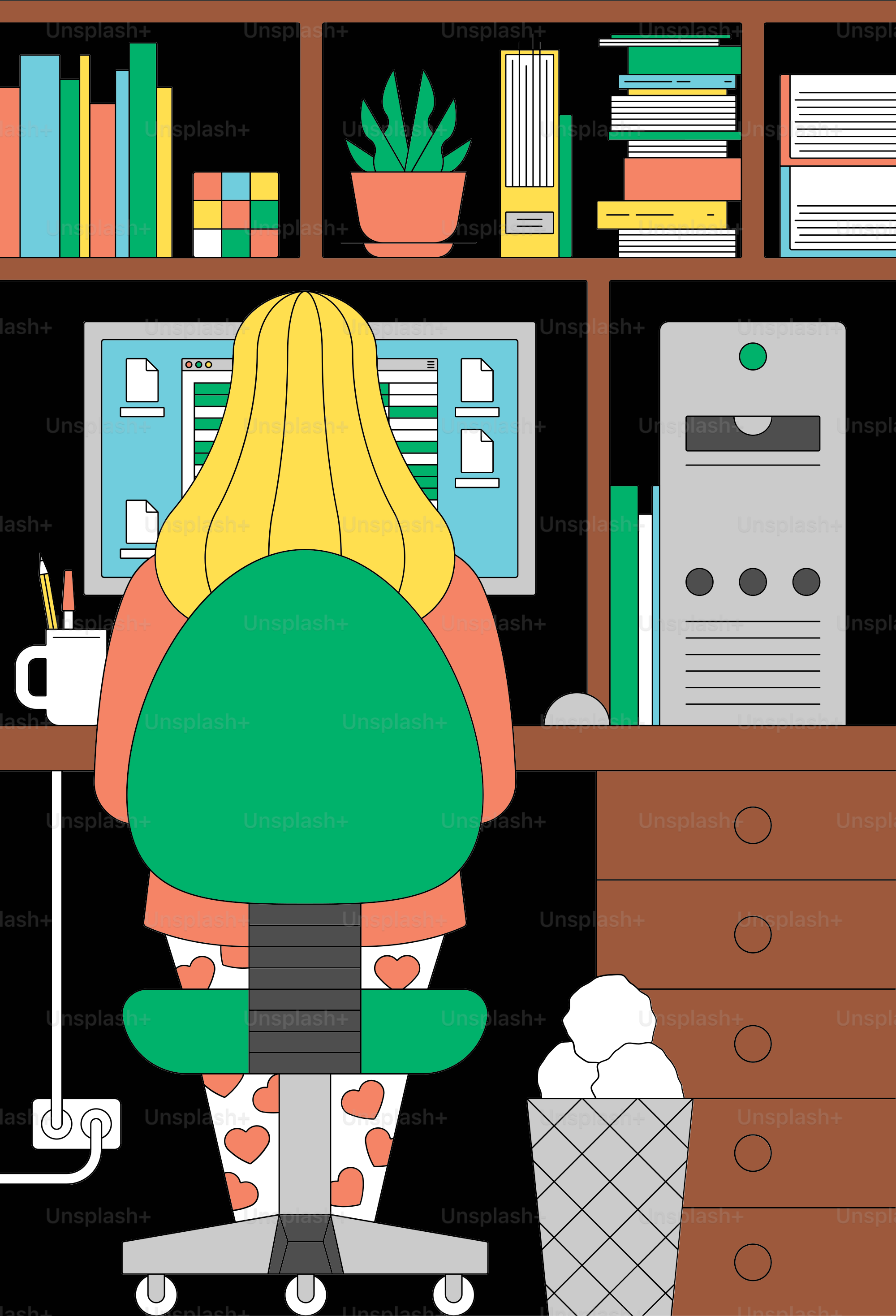 Eine Frau, die an einem Schreibtisch vor einem Computer sitzt