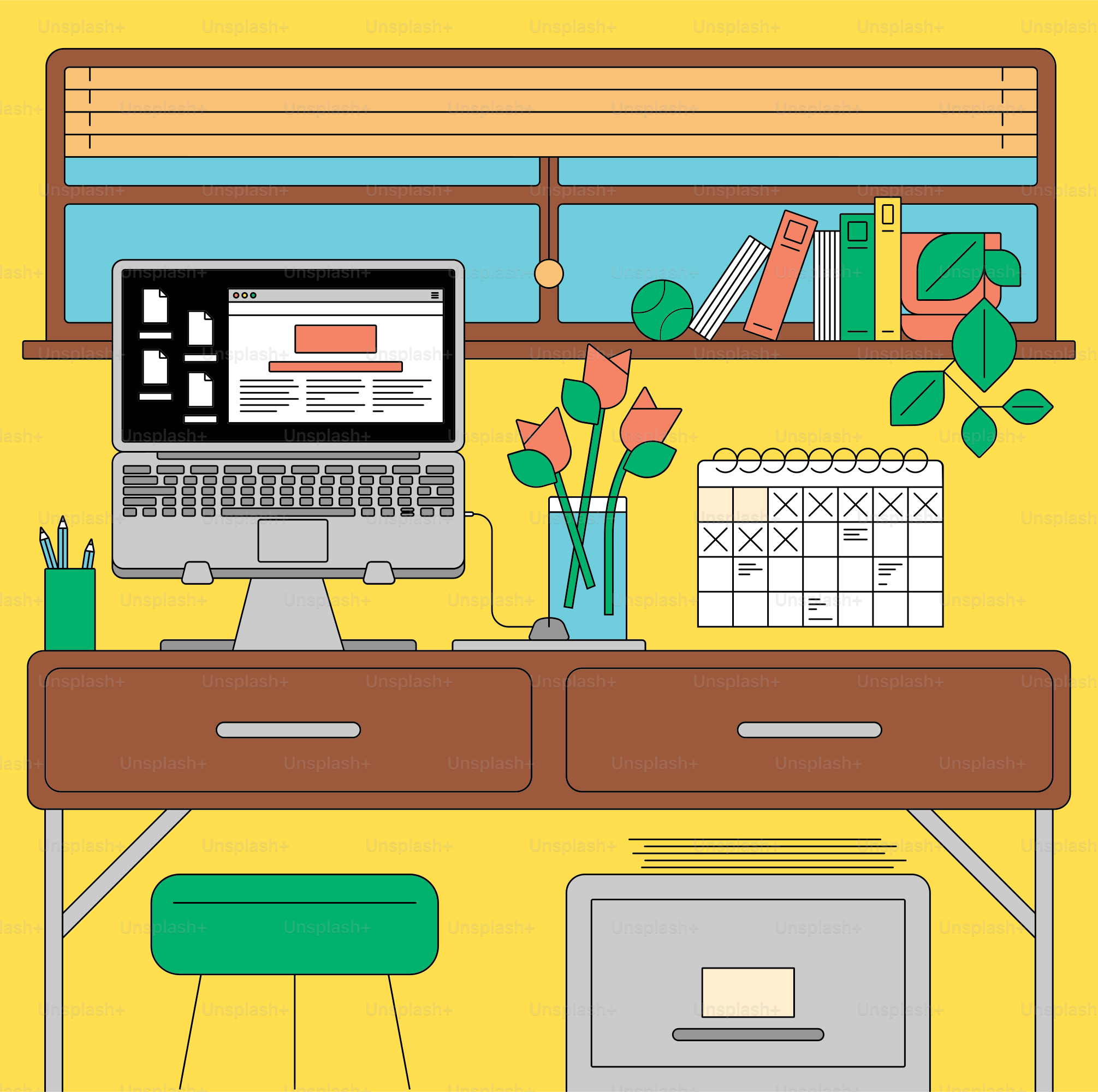 Desk with laptop, flowers, and calendar