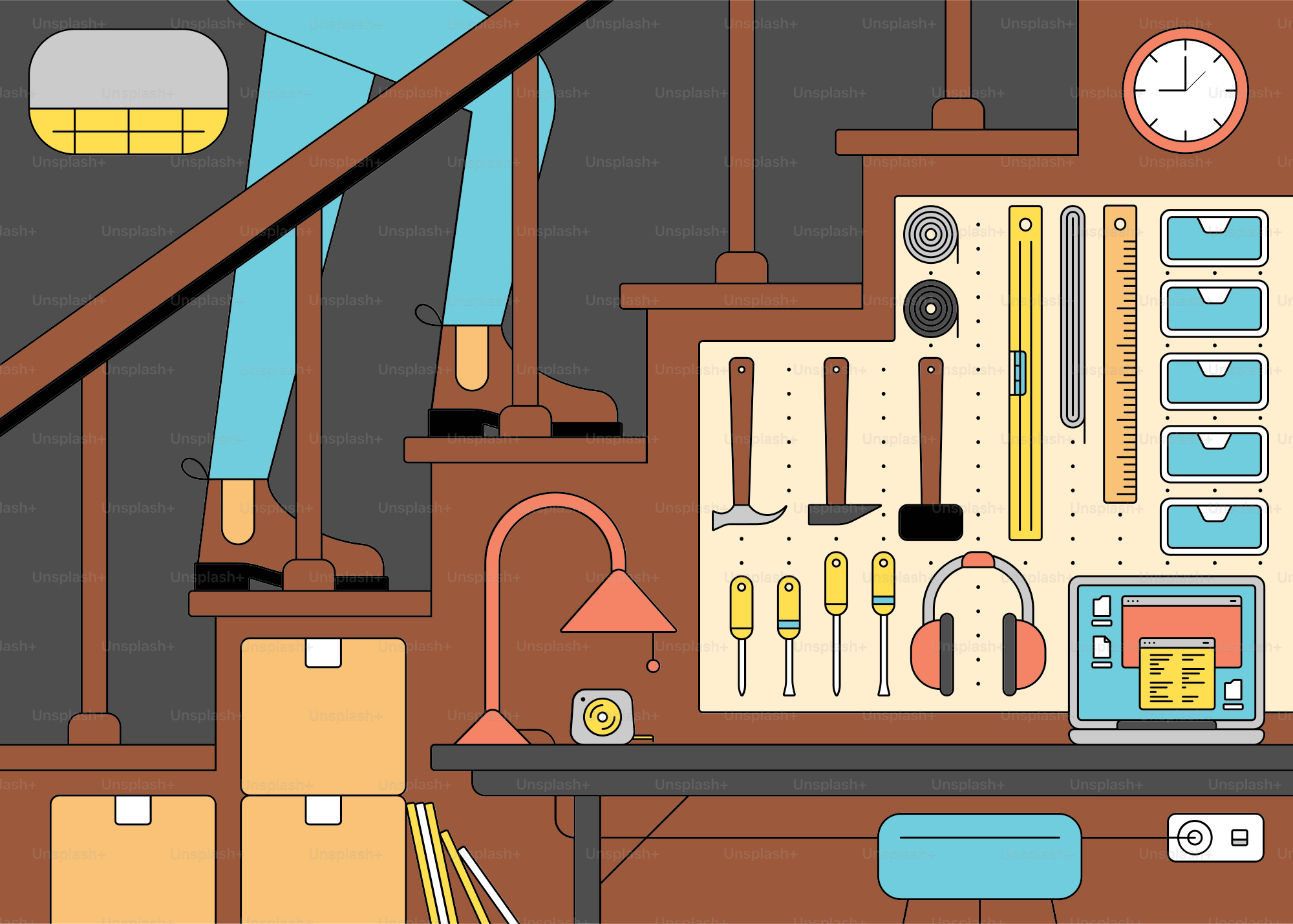 Person walking up stairs with tools on wall.