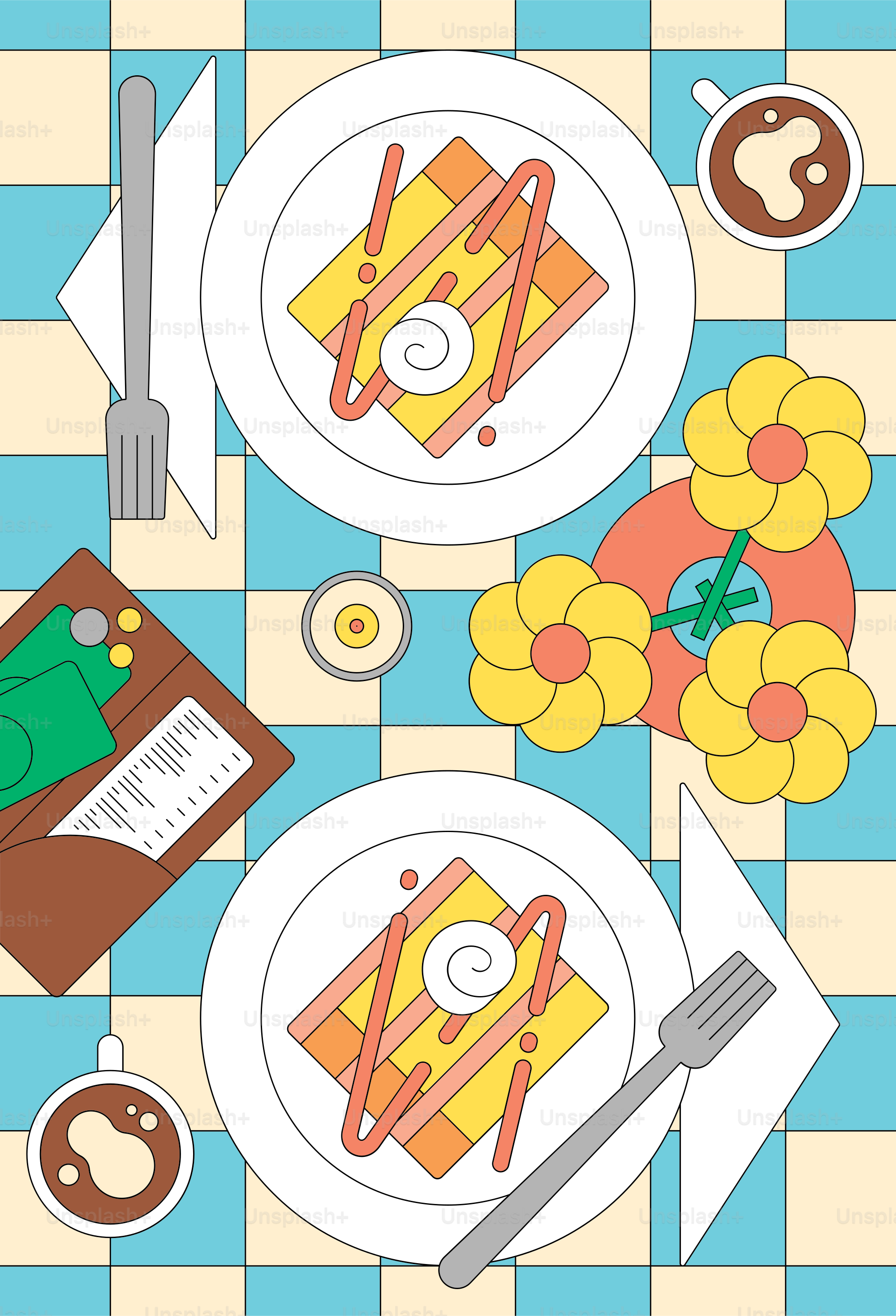 Dos platos de crepes con café y flores