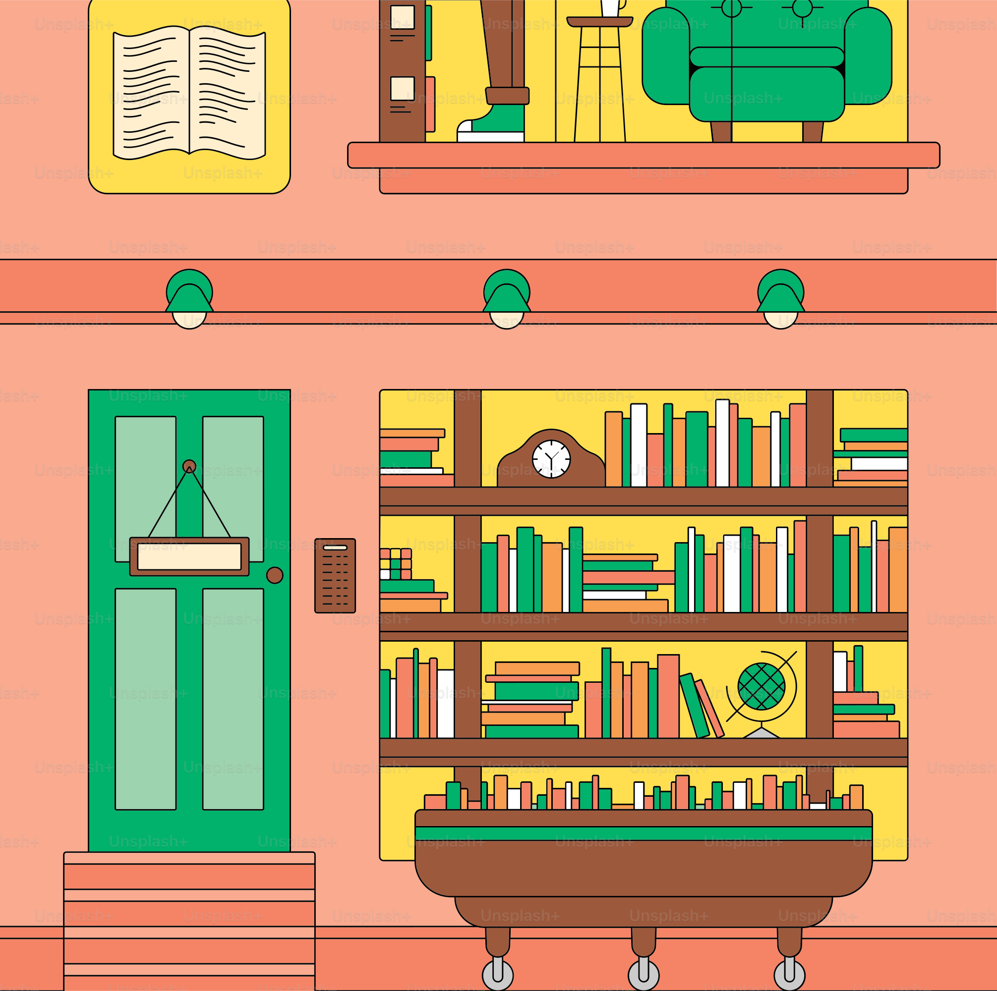 A living room with a book shelf and a couch