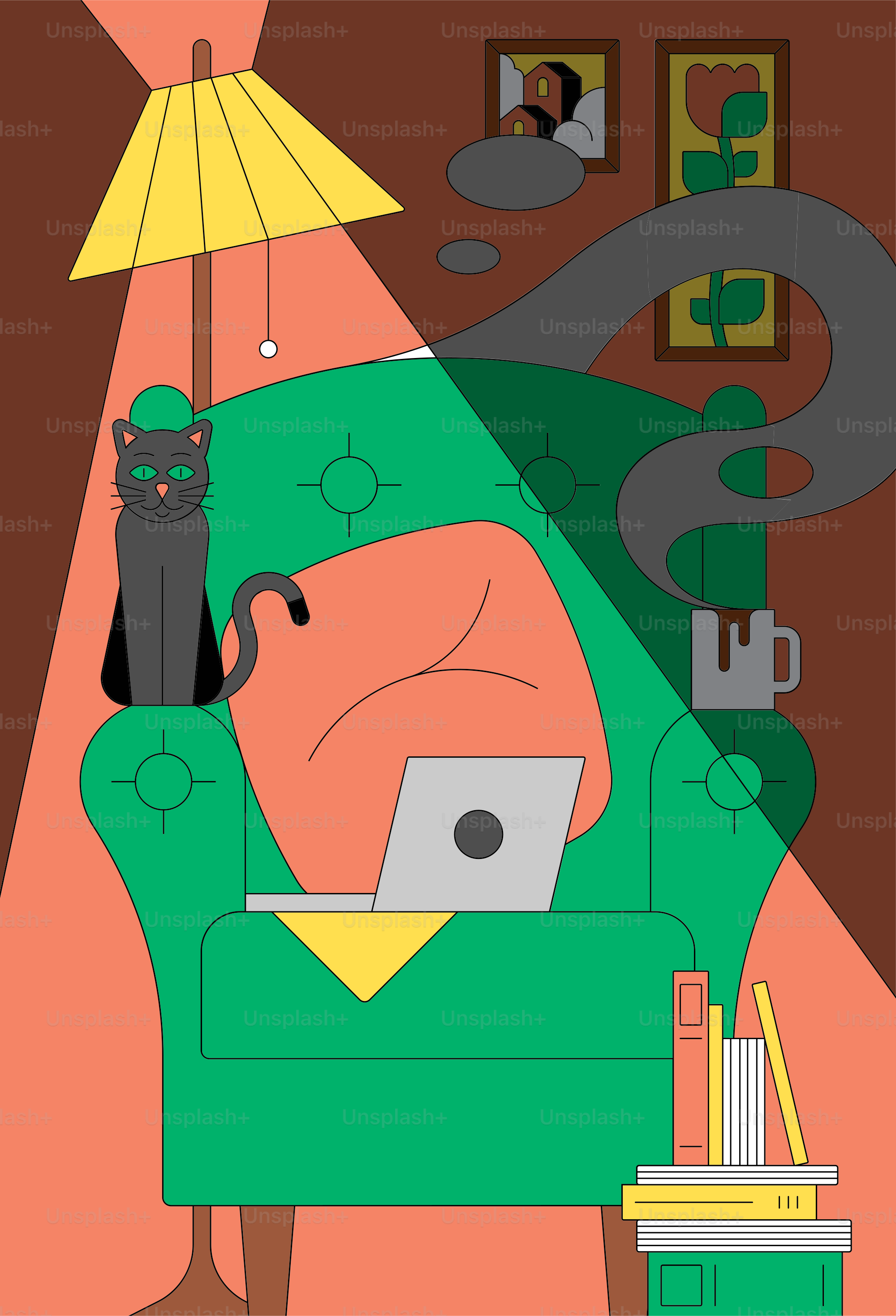 A cat sits on a green armchair with a laptop.