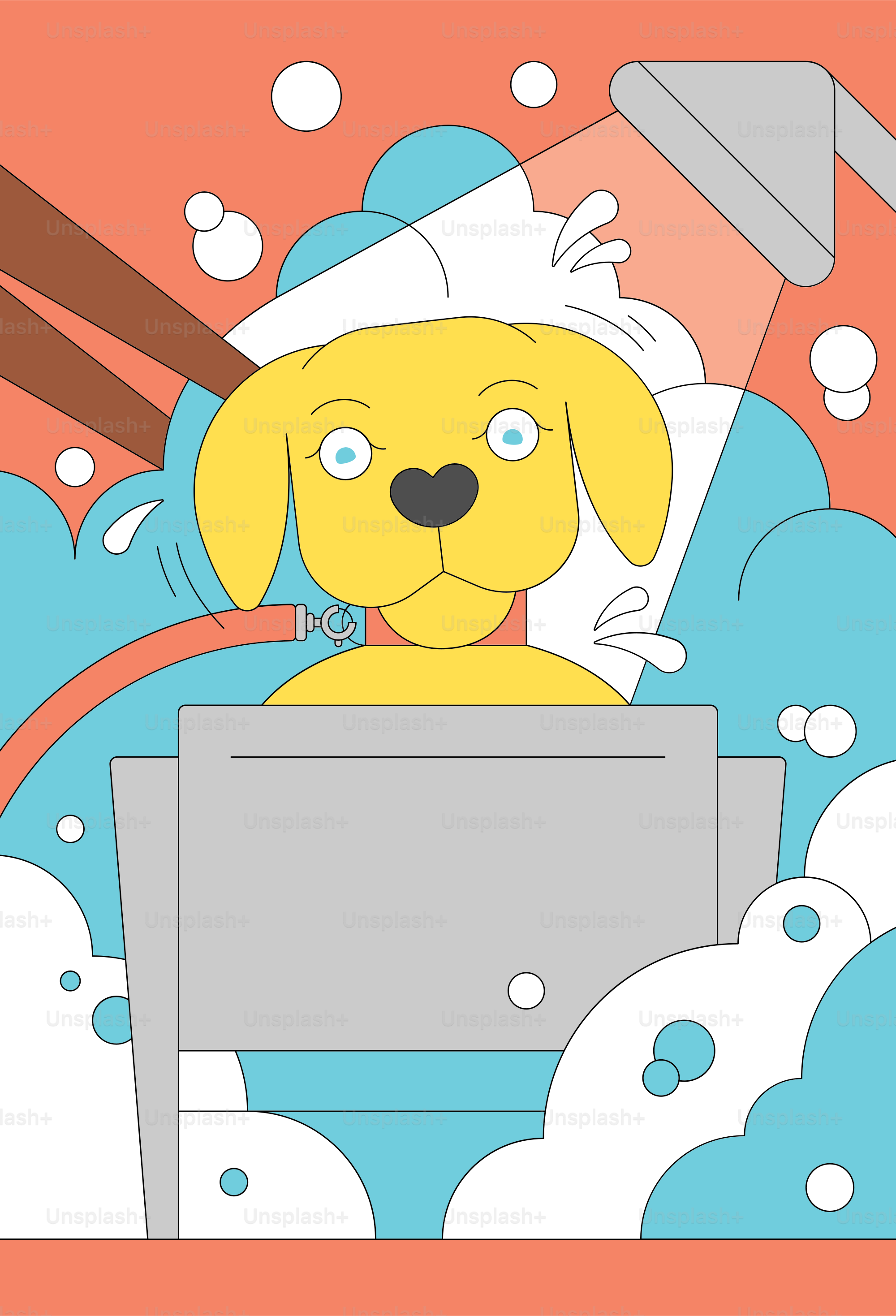 Ein gelber Hund wird in einer Wanne gebadet.