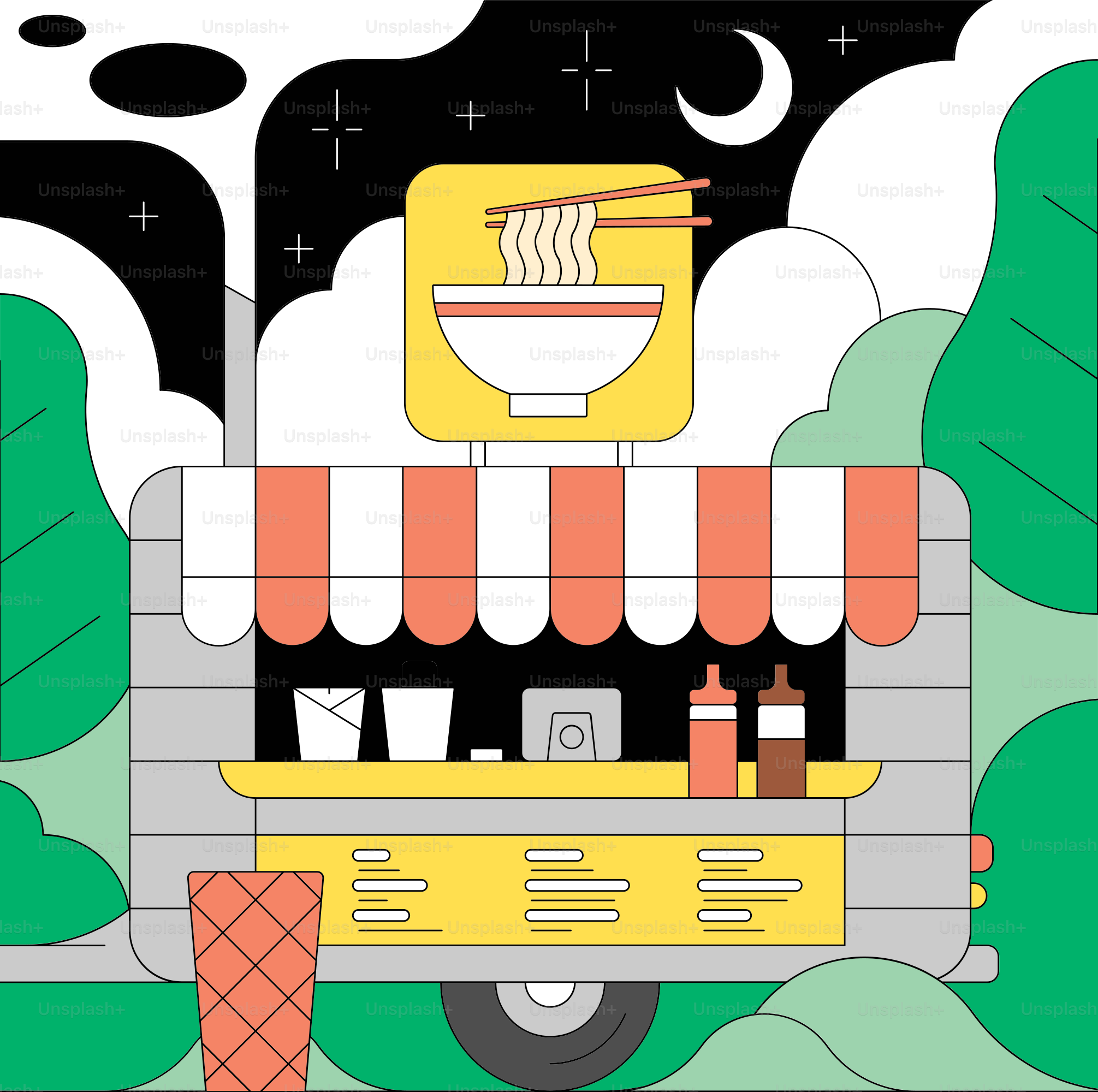 A food truck serving noodles at night