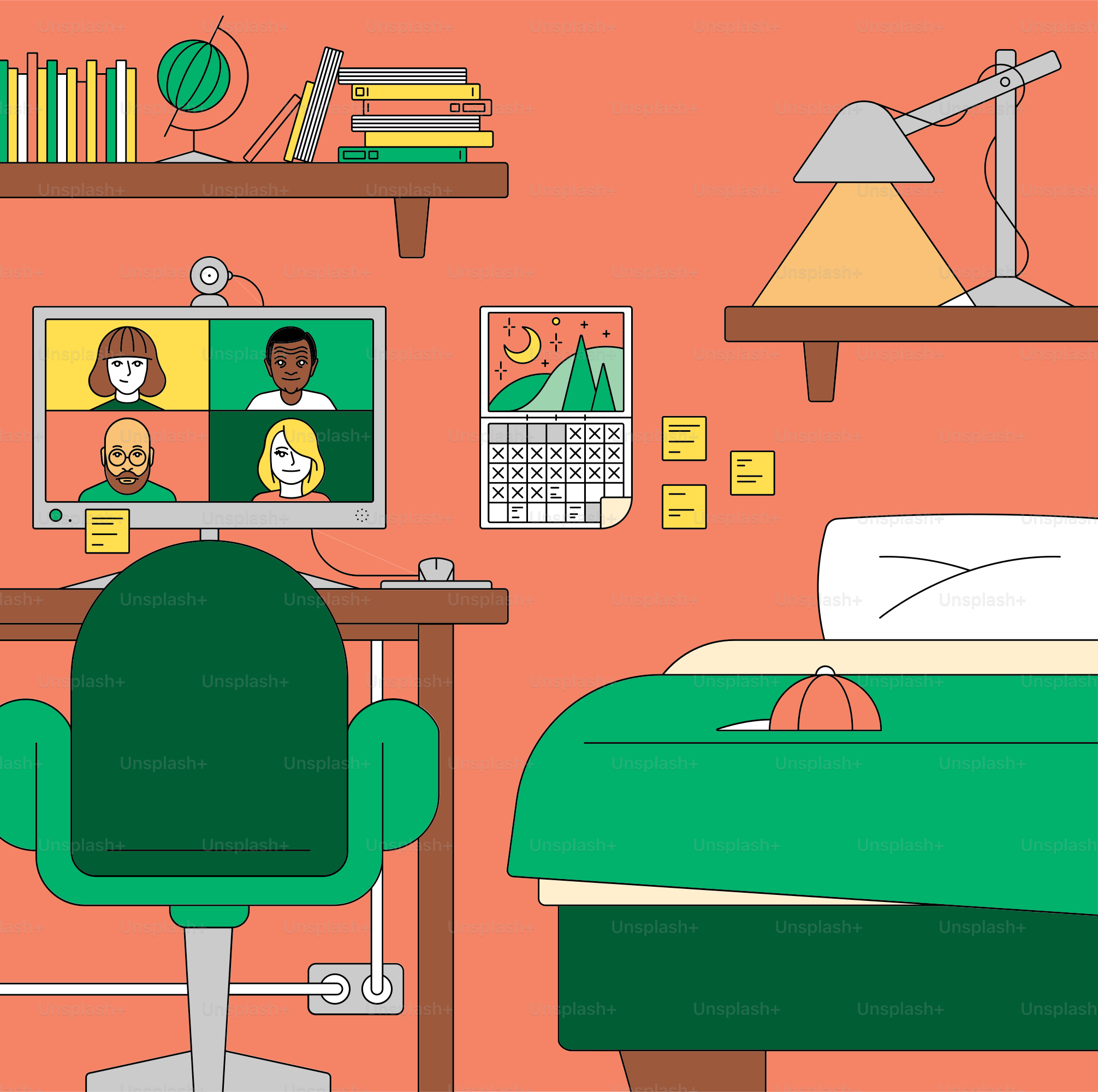 People on a video call in a home office setup.