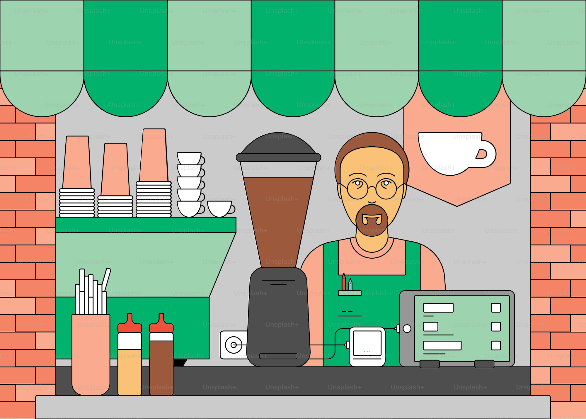 Barista derrière le comptoir avec machine à café et tablette.