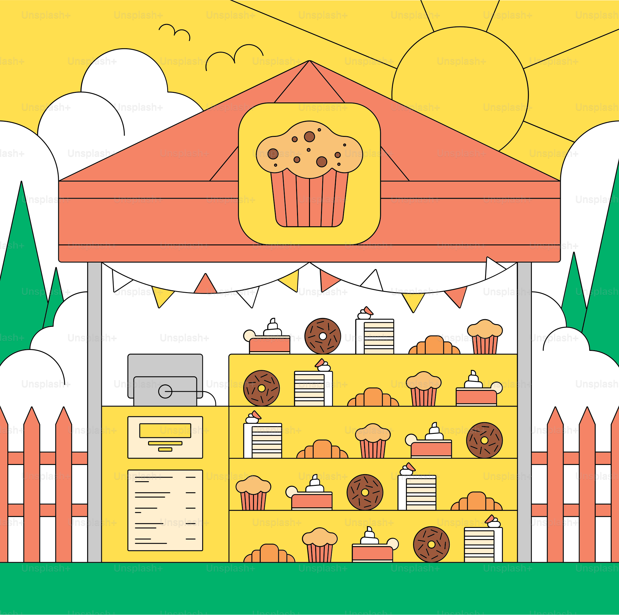 A colorful bakery stand selling various pastries and cakes.