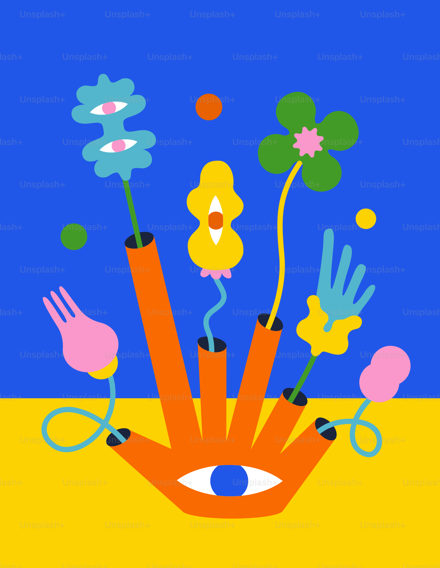 Mano astratta con occhi e fiori su sfondo blu