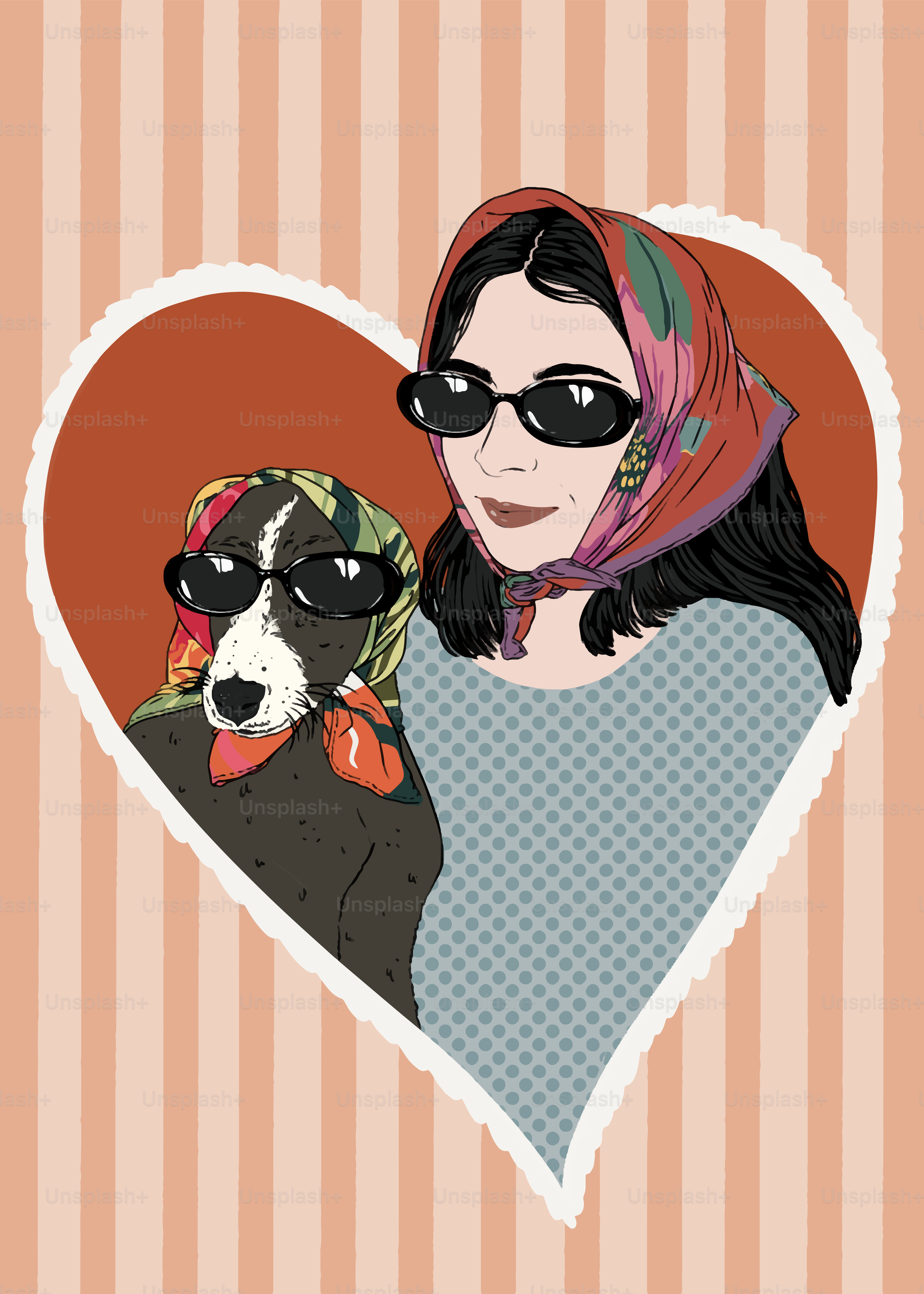 Woman and dog wearing sunglasses and headscarves