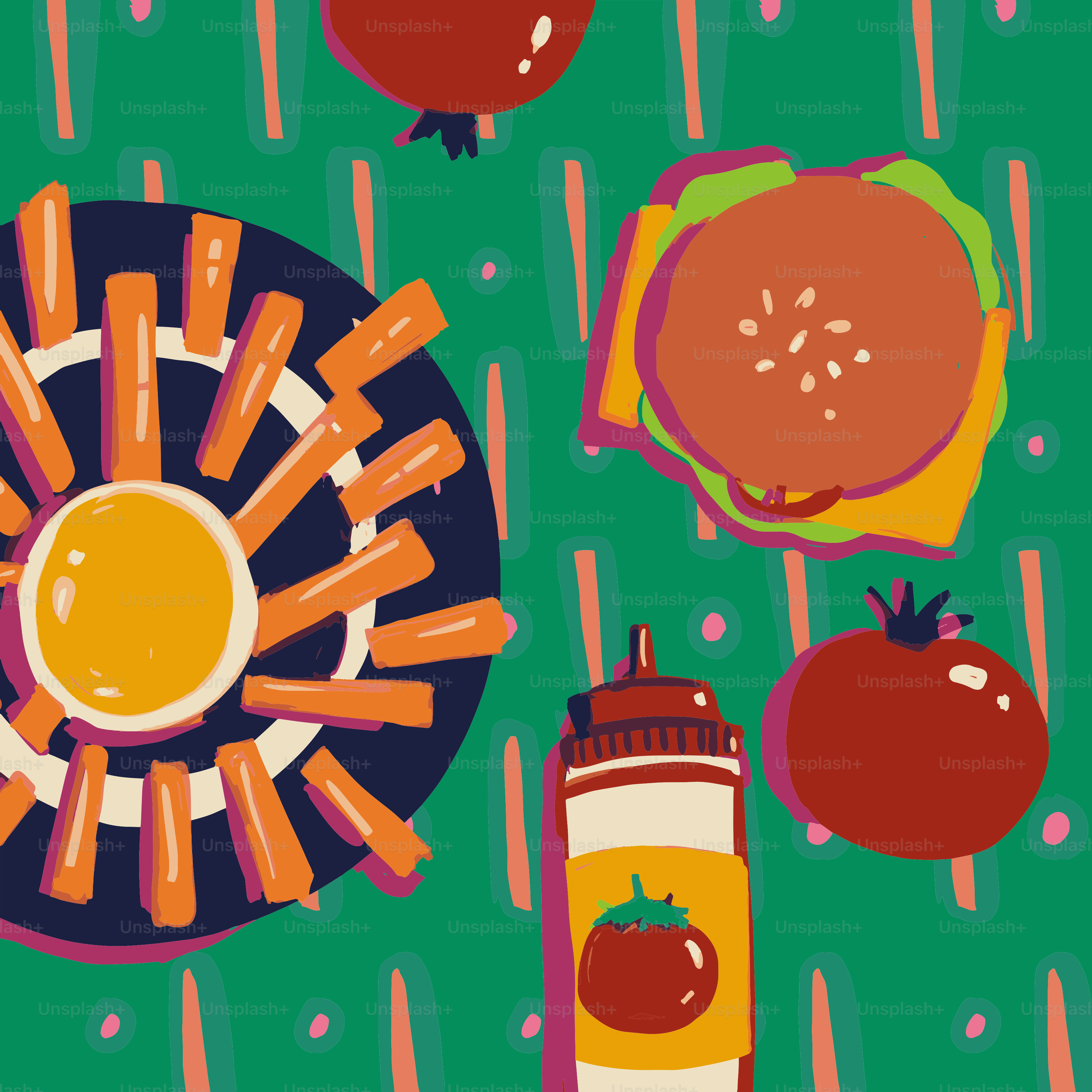 A colorful, abstract depiction of fast food items.