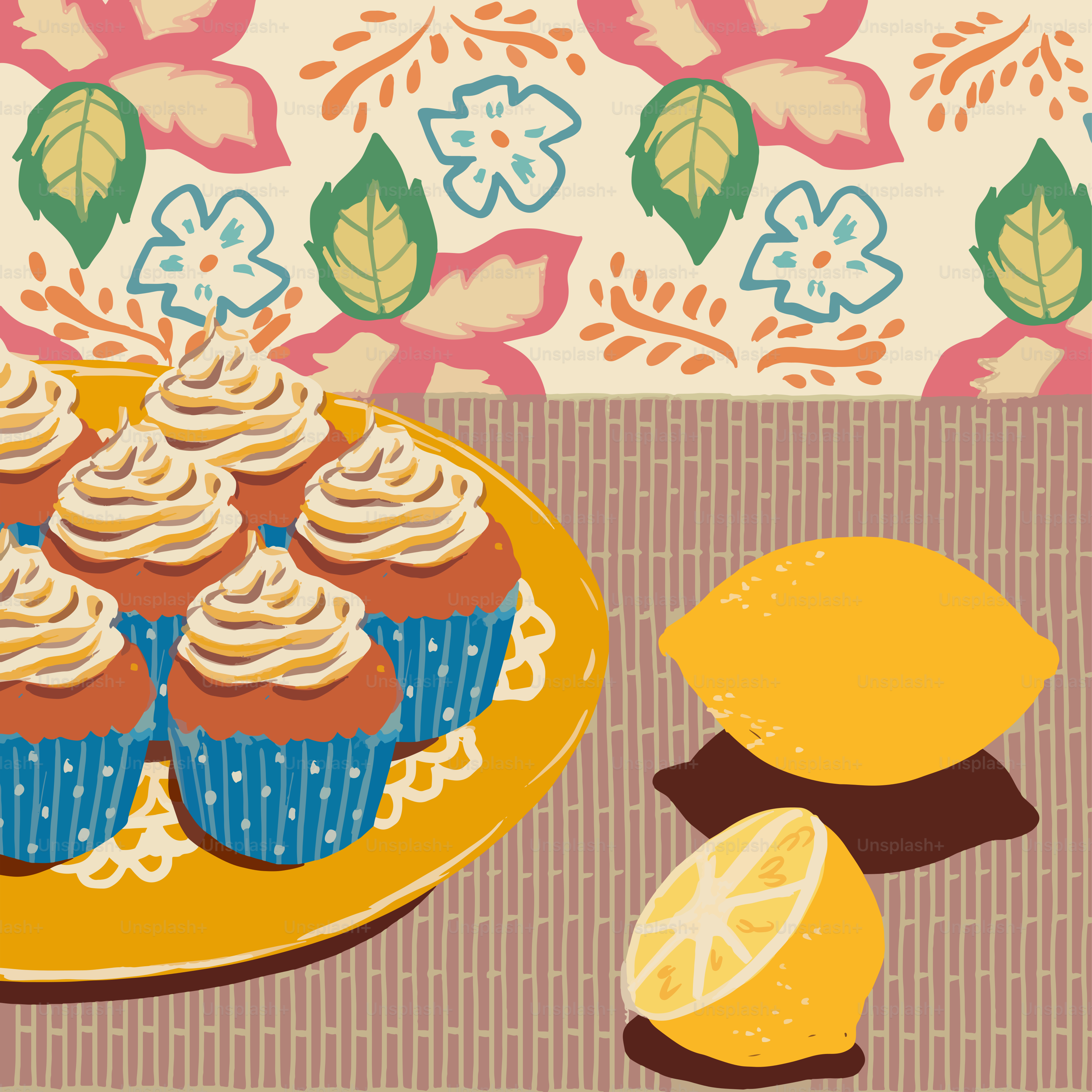 Cupcakes with frosting and lemons on a patterned background