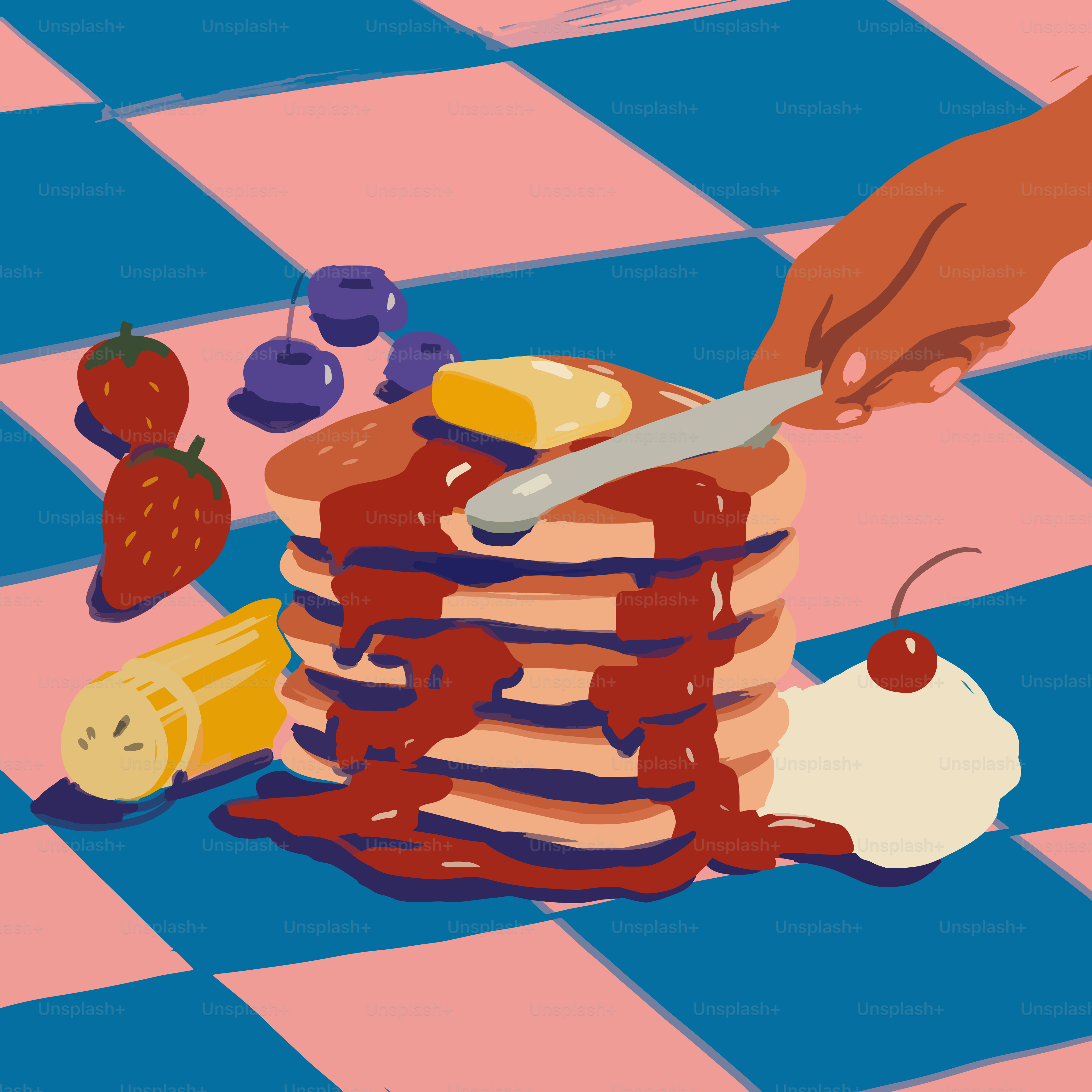 Stack of pancakes with syrup, butter, and fruit