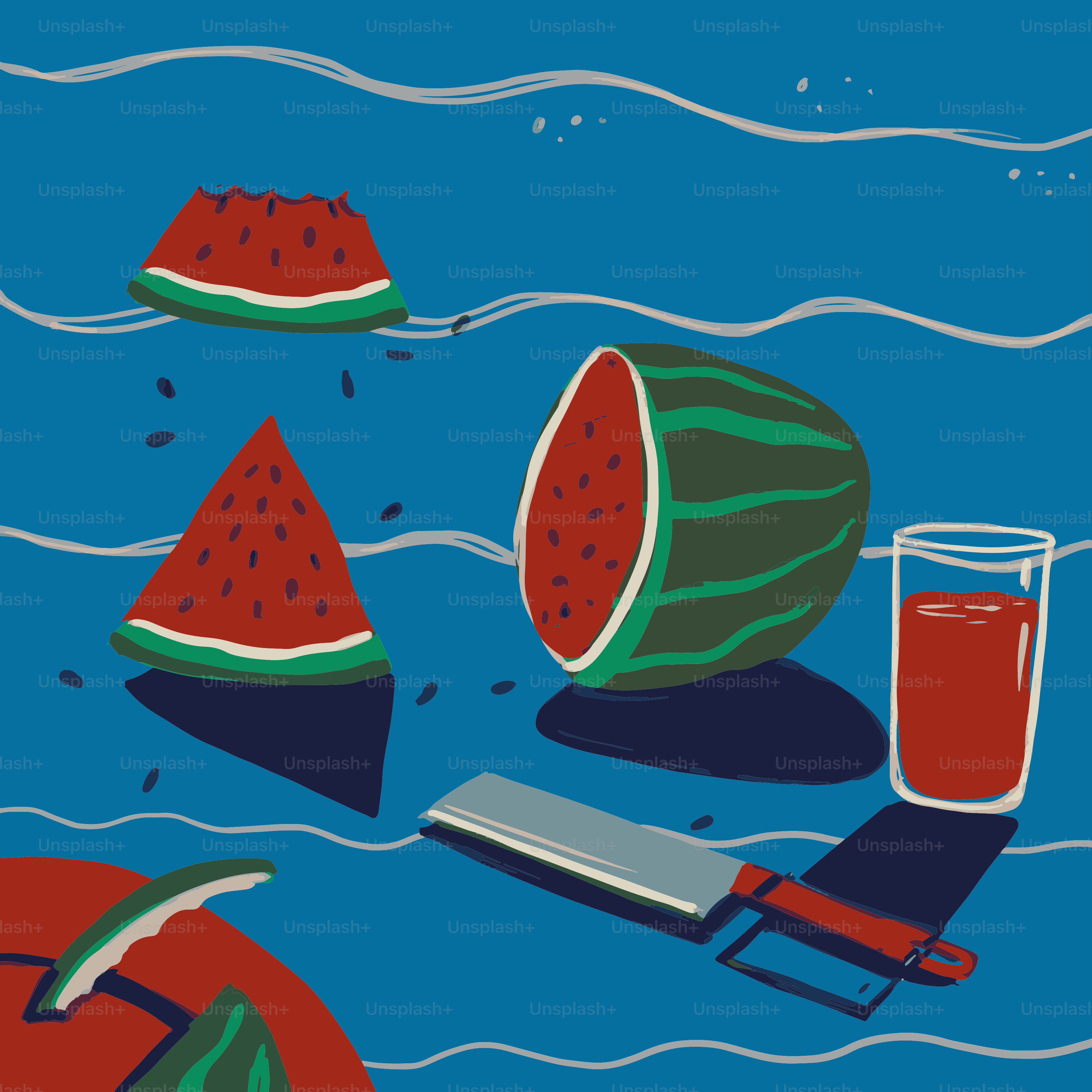 Watermelon slices, juice, and knife on blue background.