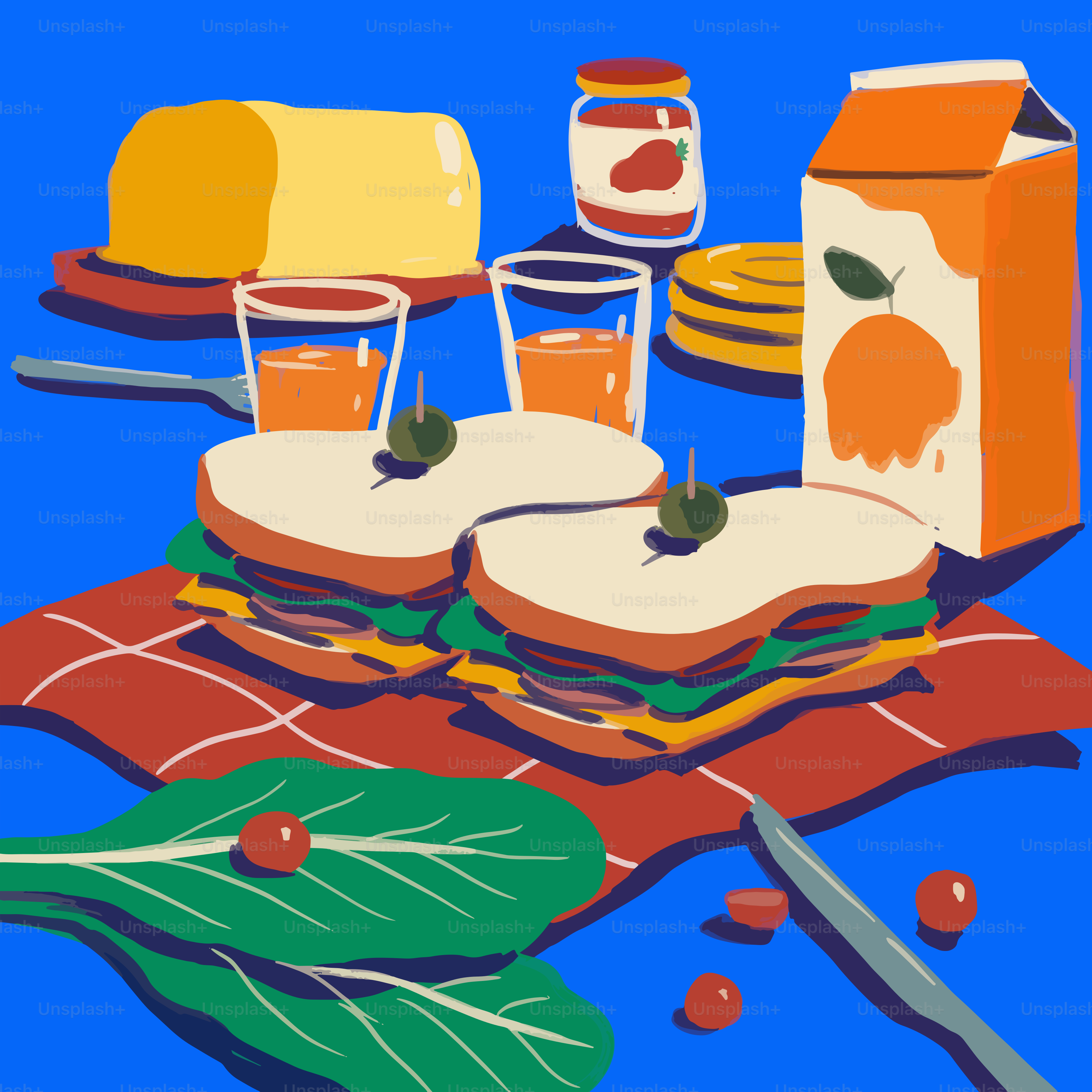 Deux sandwiches avec jus, confiture et beurre