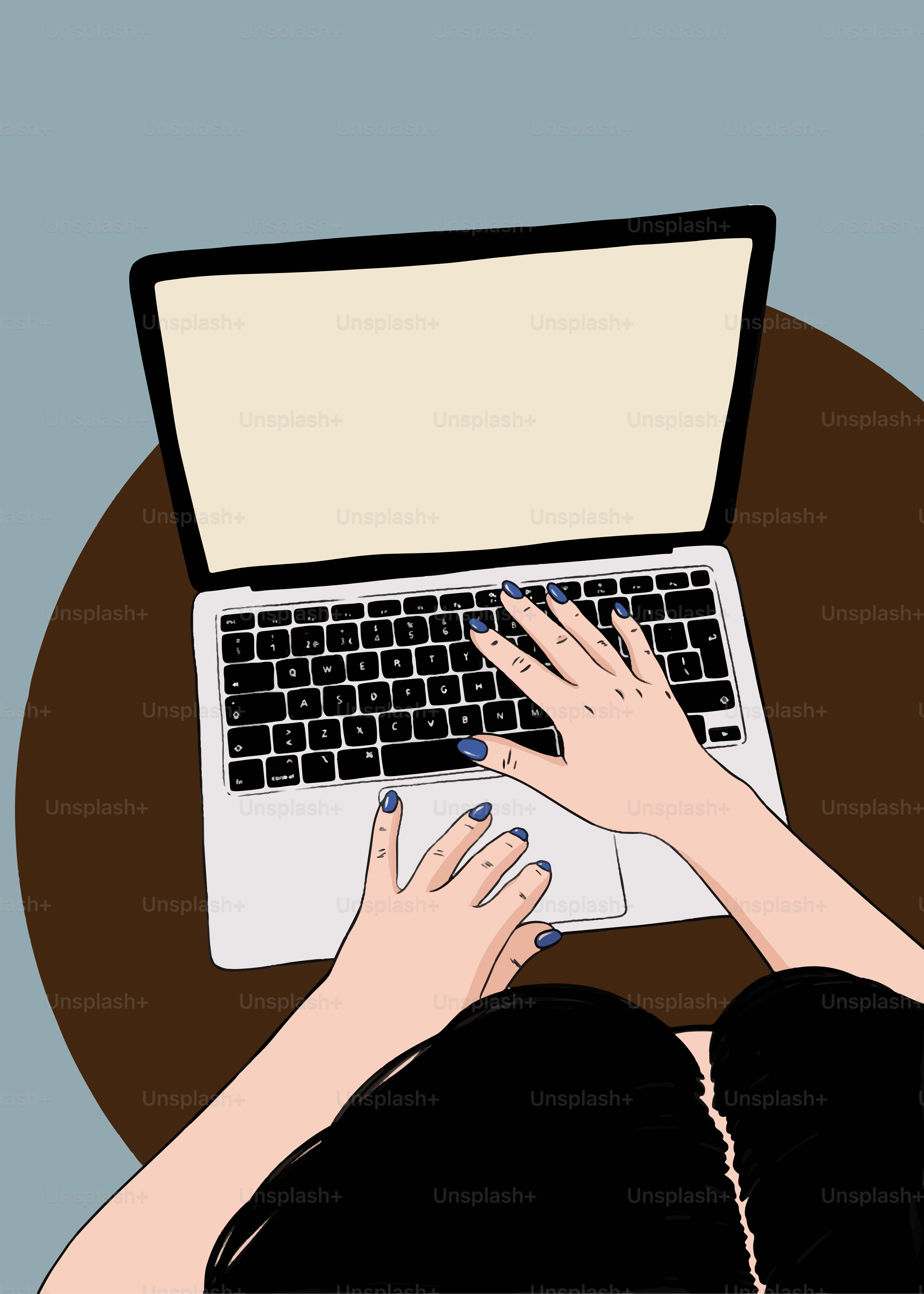 Hands typing on a laptop keyboard with blue nails.