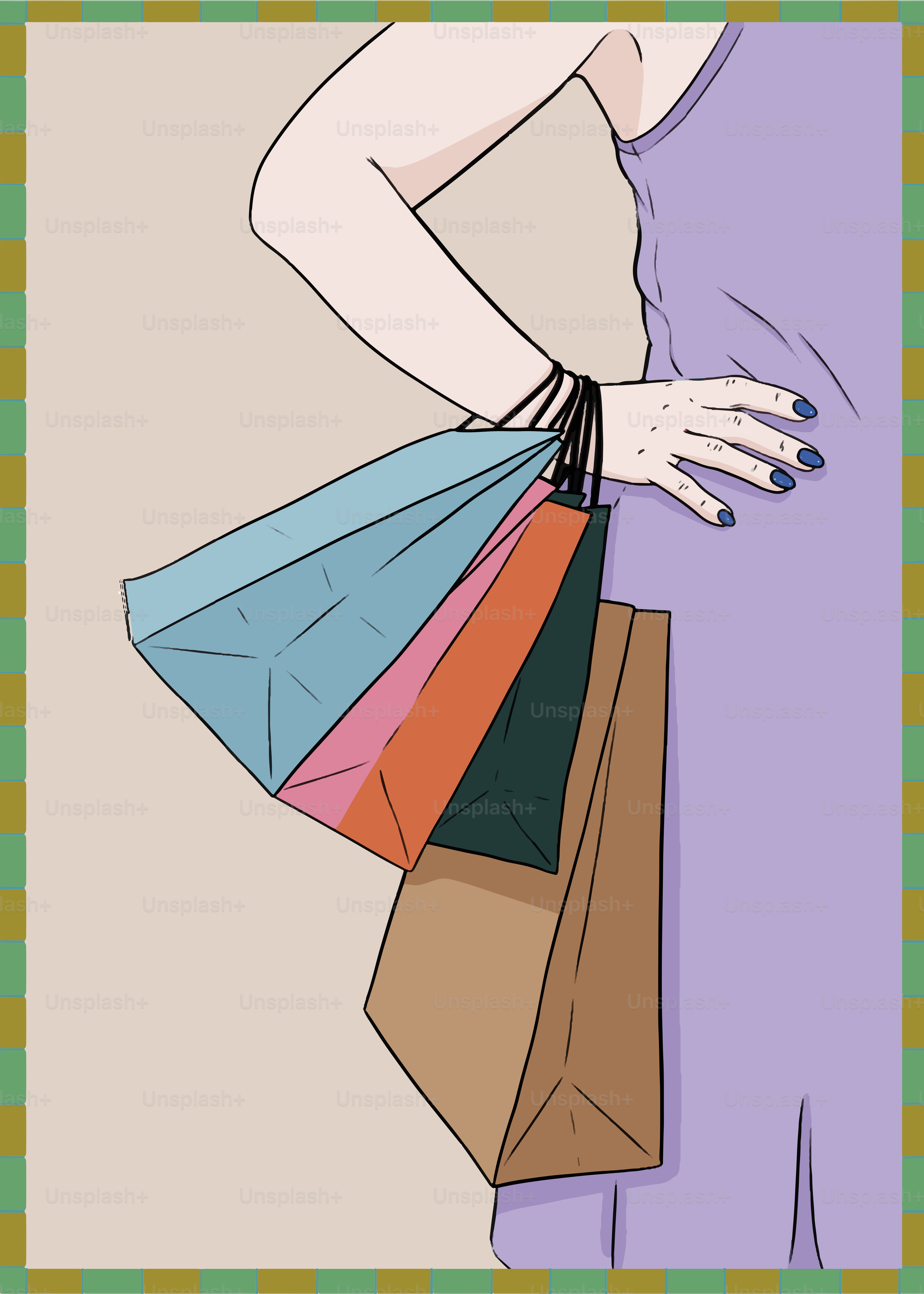 Woman holding colorful shopping bags in a purple dress