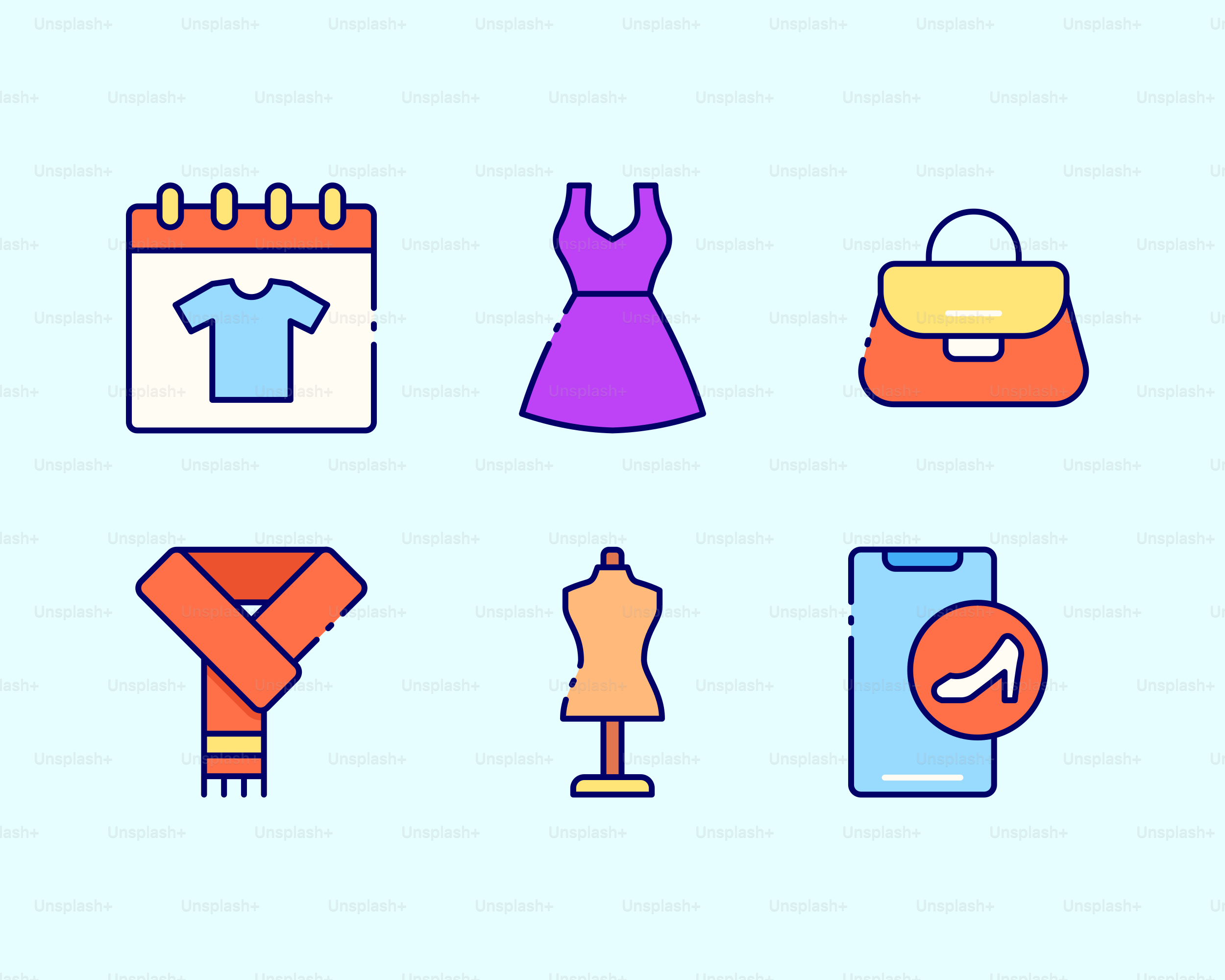 Fashion icons: calendar, dress, handbag, scarf, mannequin, shoe.