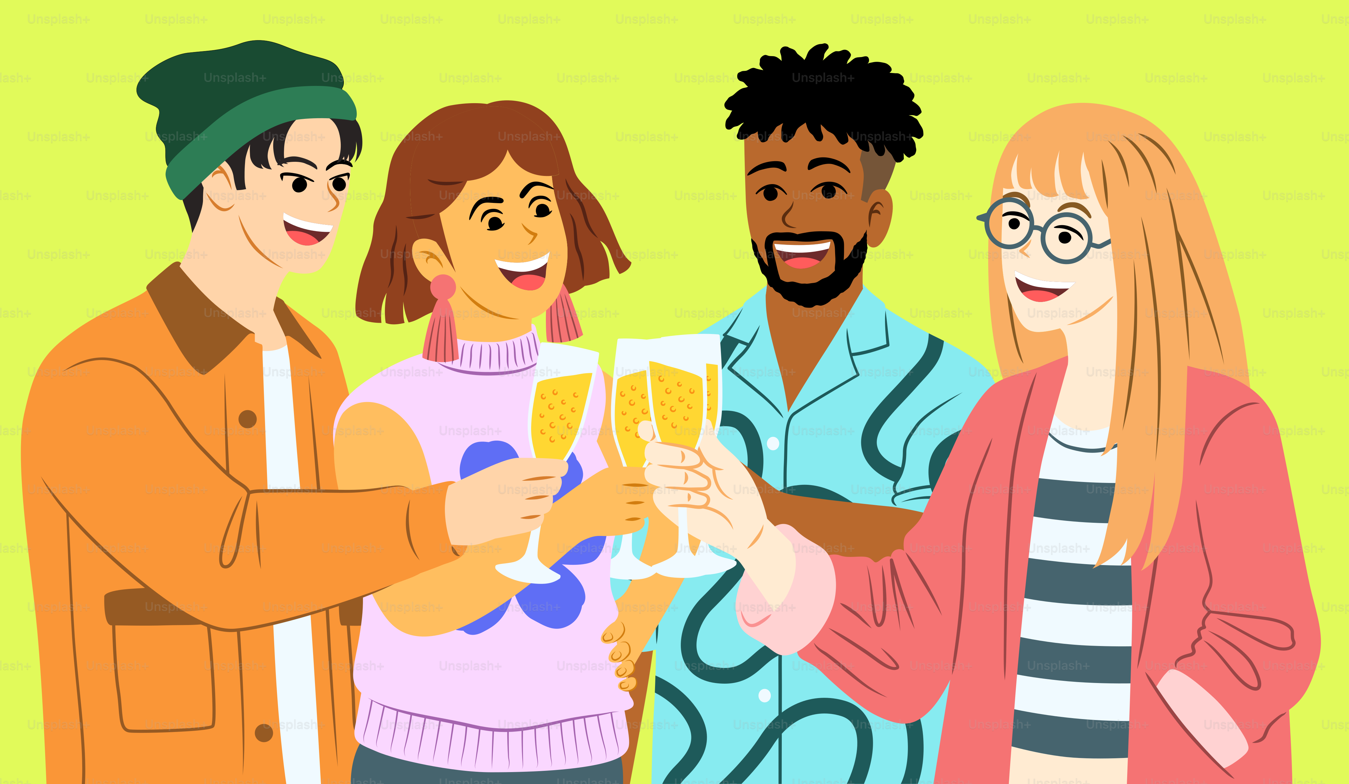 Four friends toasting with drinks against a yellow background