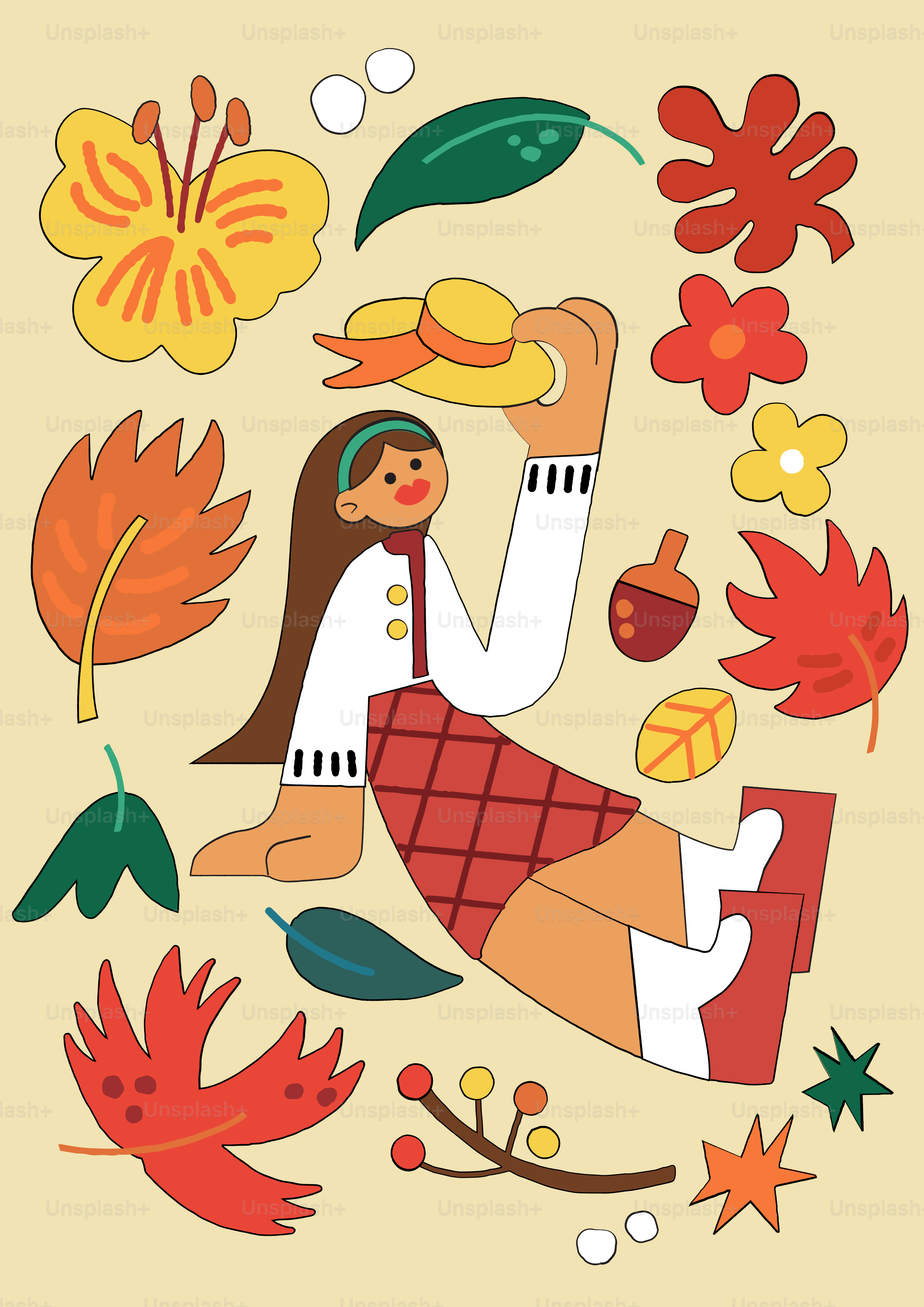 Woman in autumnal attire surrounded by fall leaves and flowers.