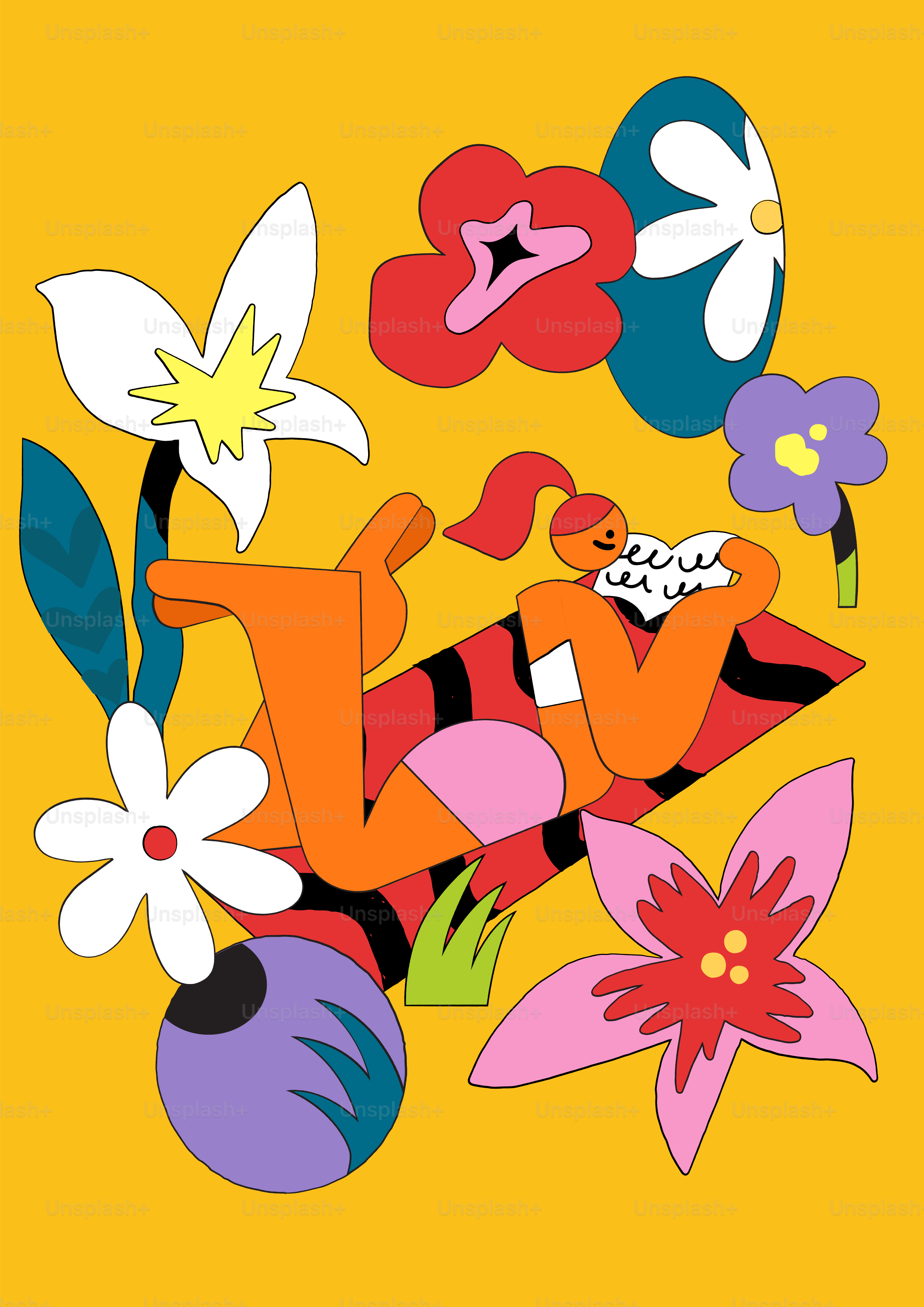 Donna che si rilassa tra fiori e forme astratte colorate