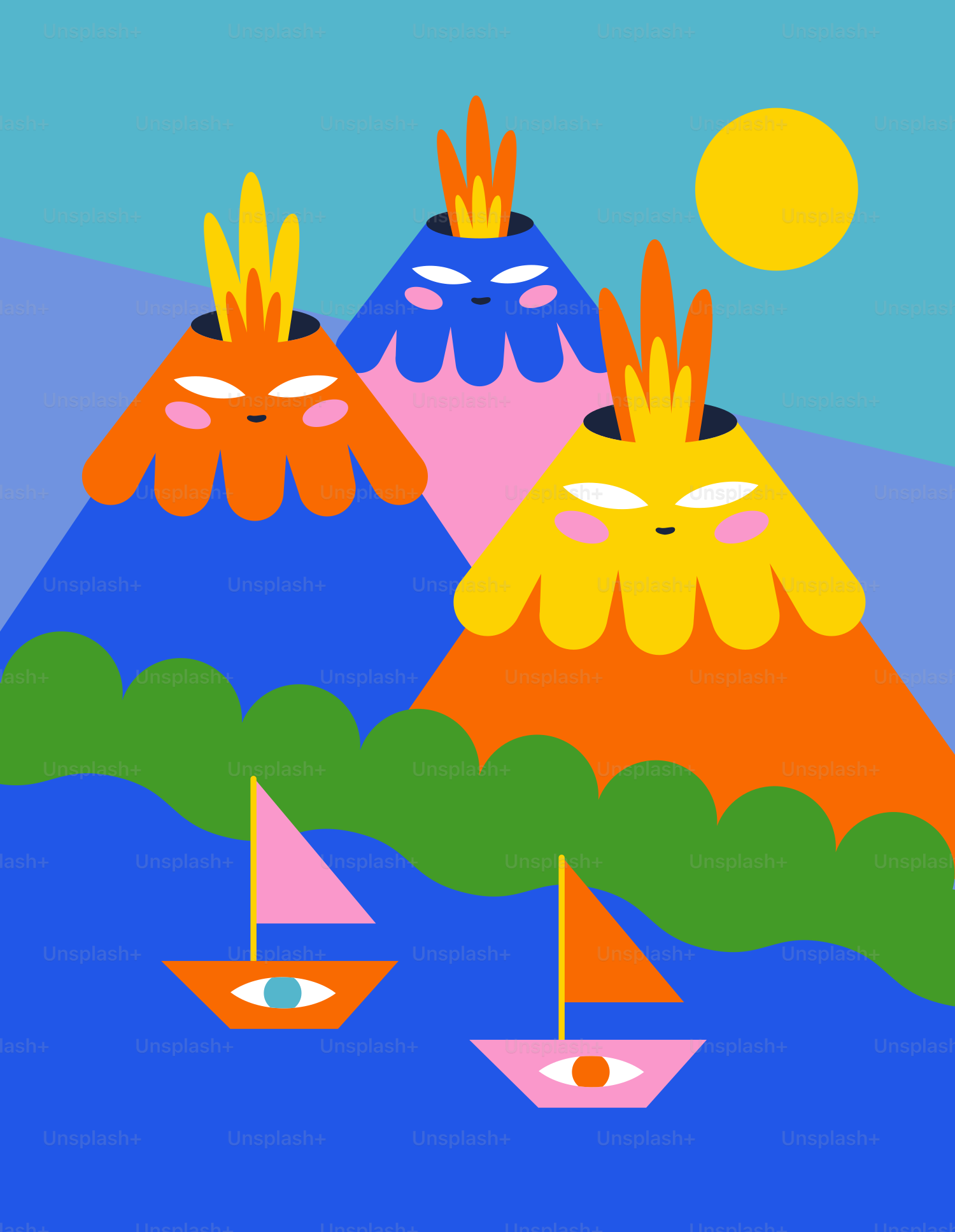 Three cartoon volcanoes erupting with boats sailing below.