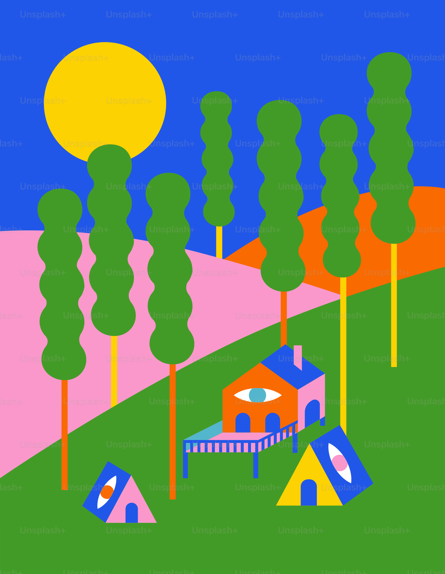 Stylized landscape with houses and tents under a yellow sun.