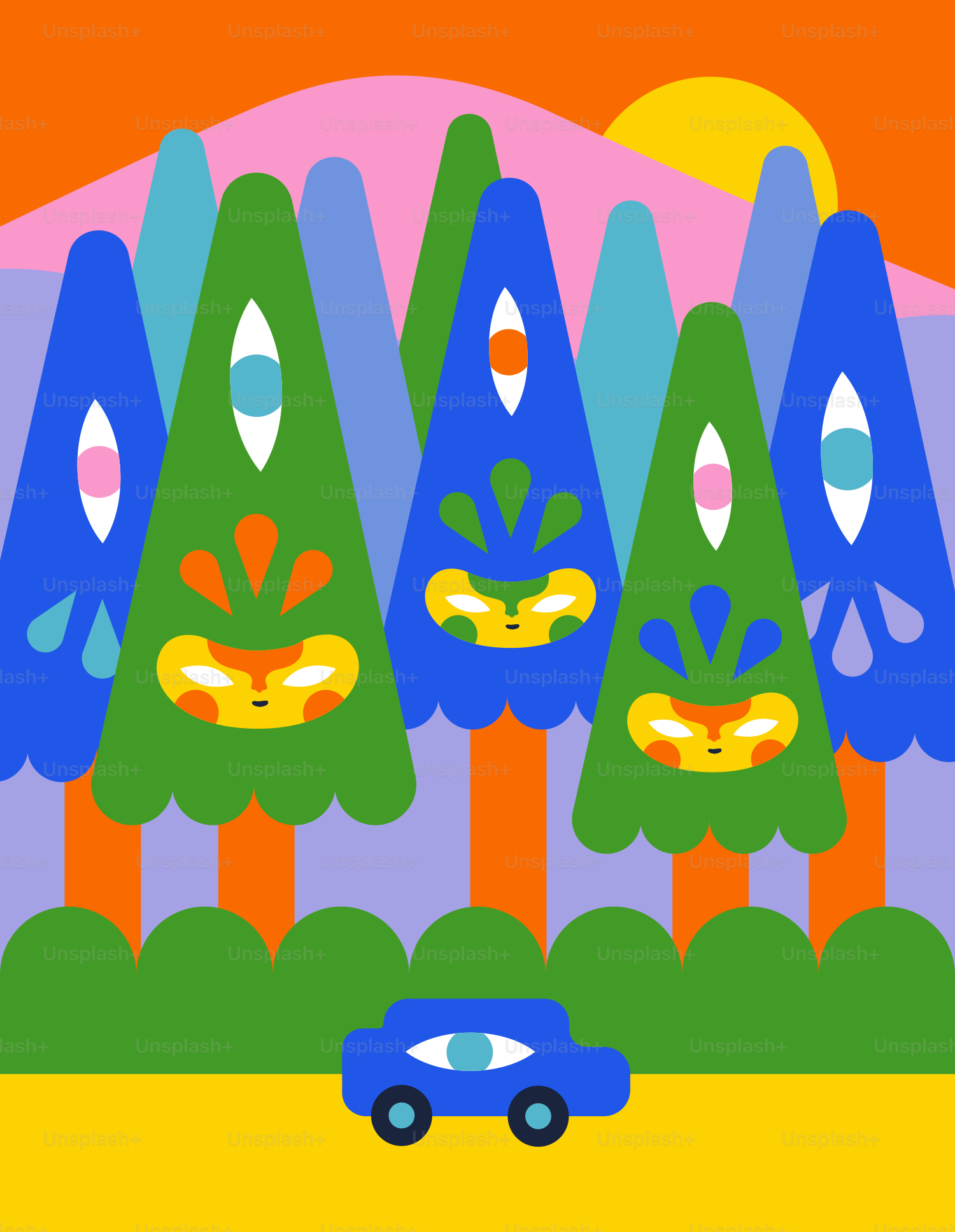 Cartoon trees with eyes and a car.