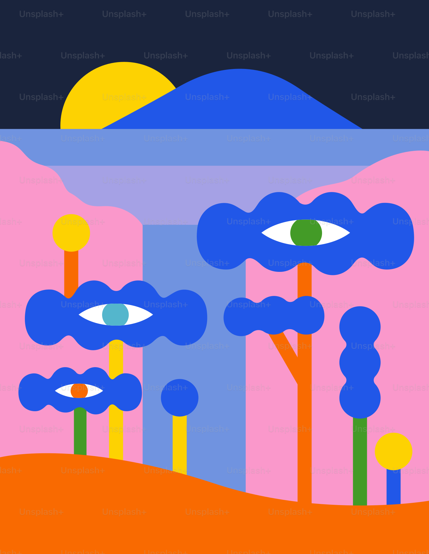 Abstract landscape with surreal eyes in trees