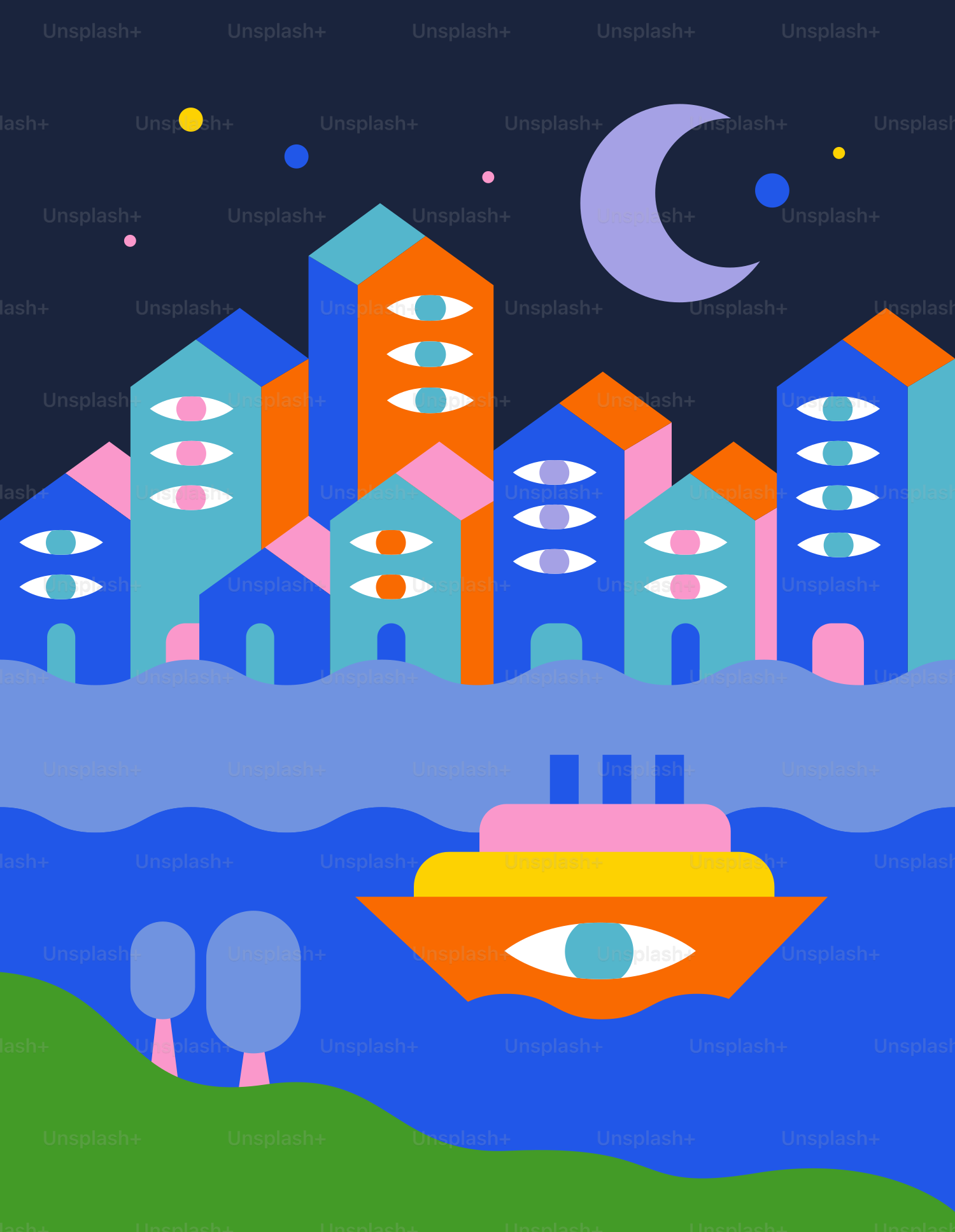 Stylized city with eyes on buildings and boat.