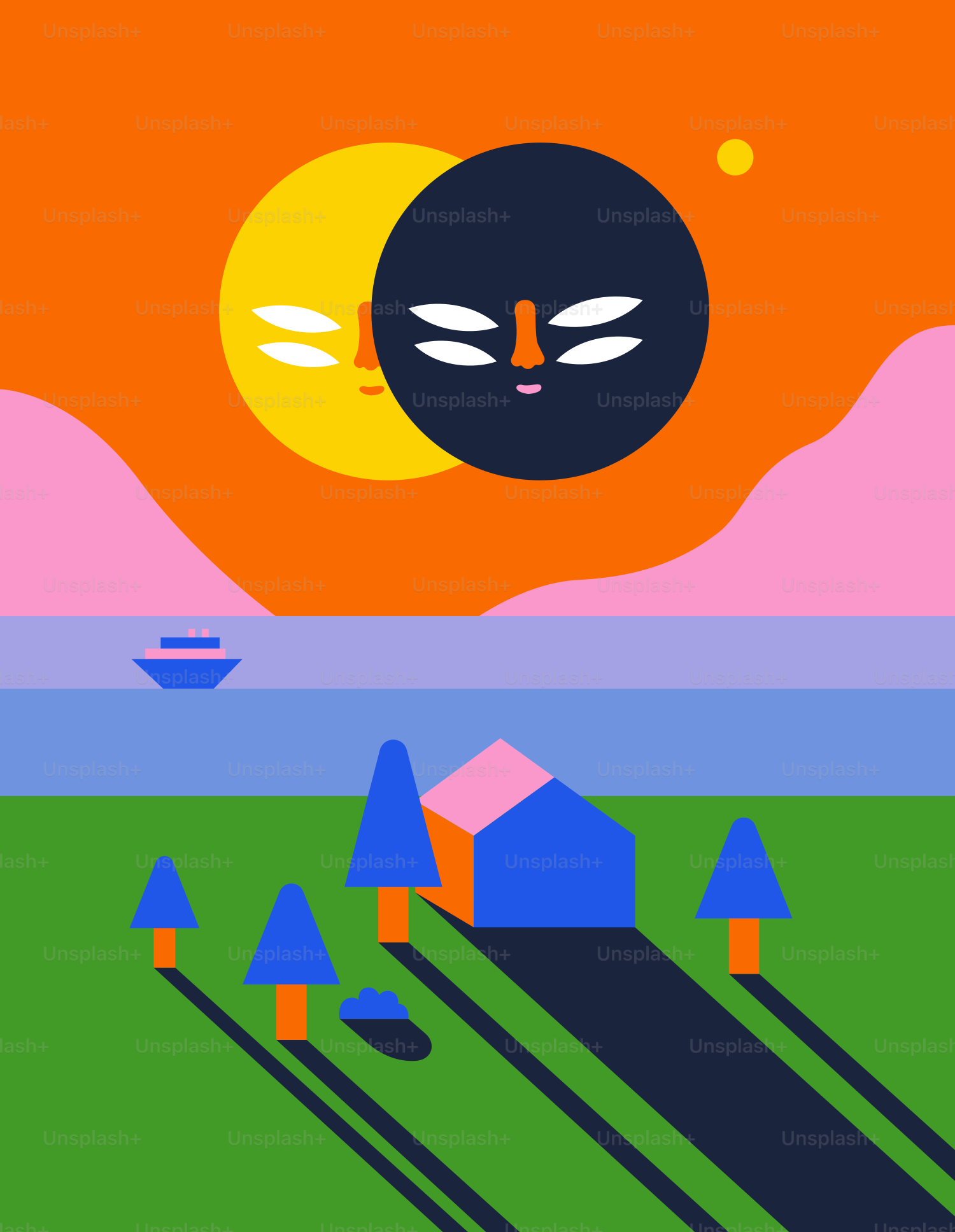 Two abstract suns setting over a colorful landscape.