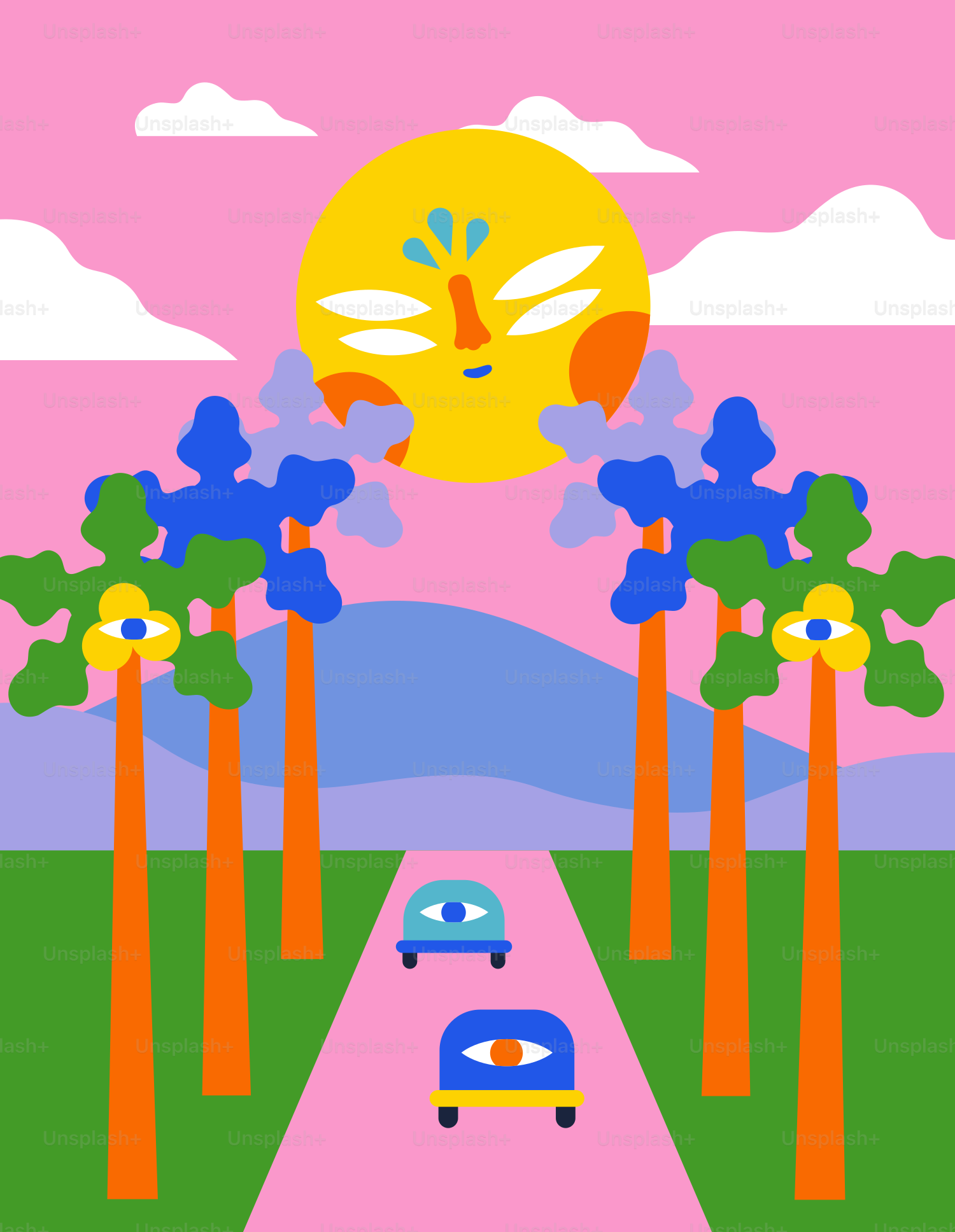 Surreal landscape with palm trees, sun, and cars.