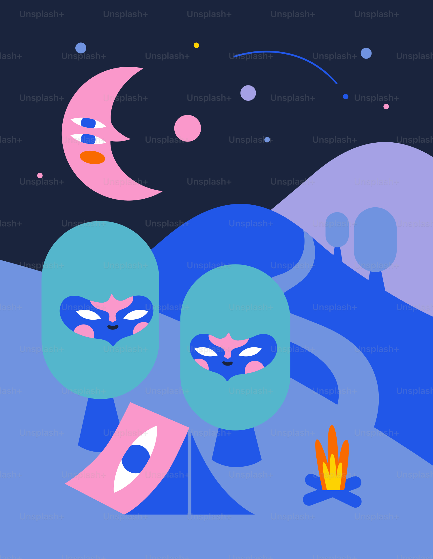 Whimsical night scene with camping tent and moon