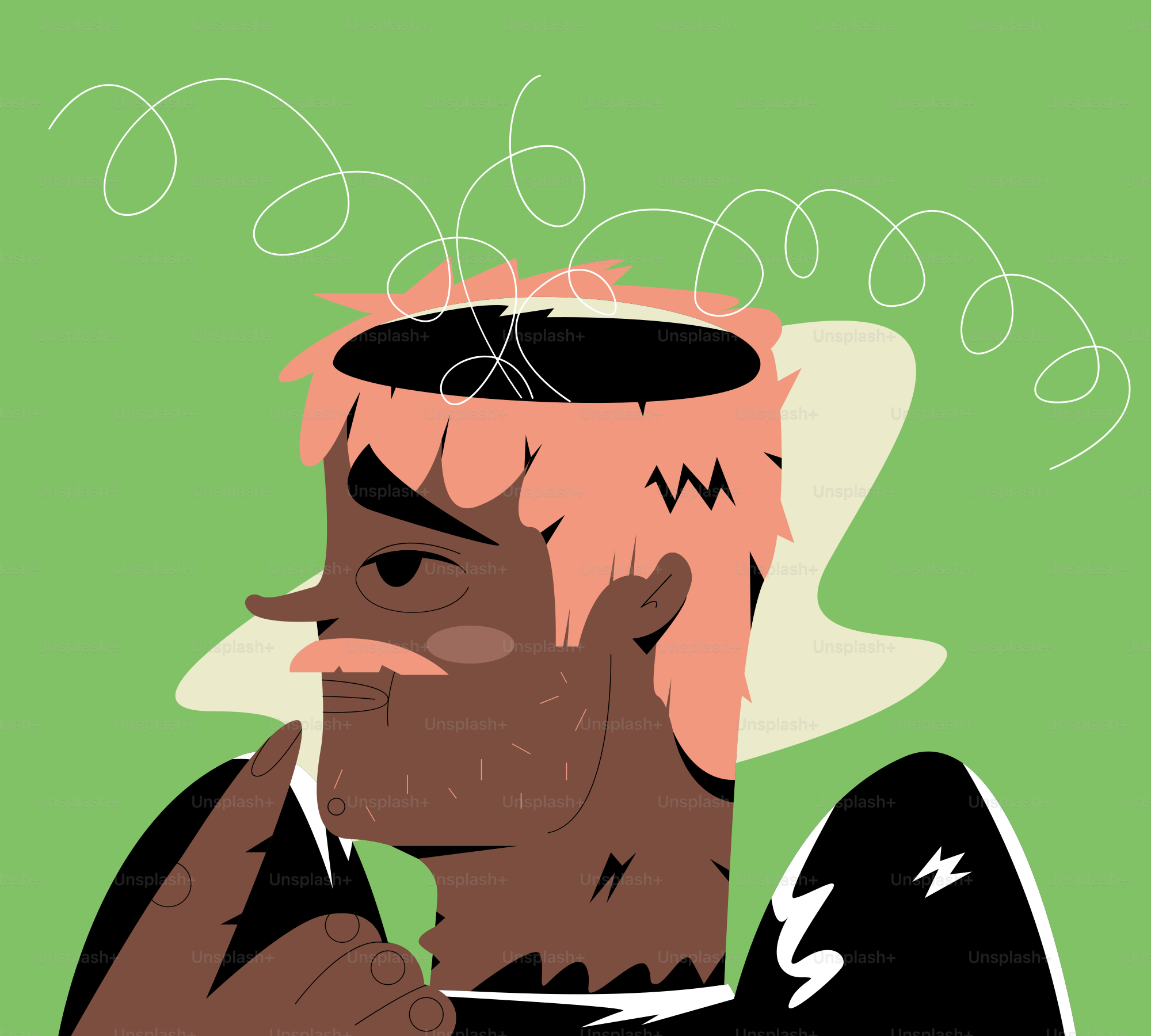 Man with open head and swirling thoughts