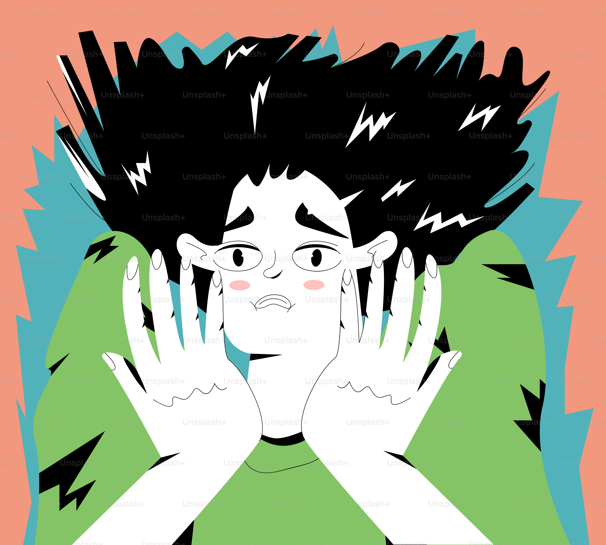 Eine ängstliche Person mit zerzausten Haaren und erhobenen Händen