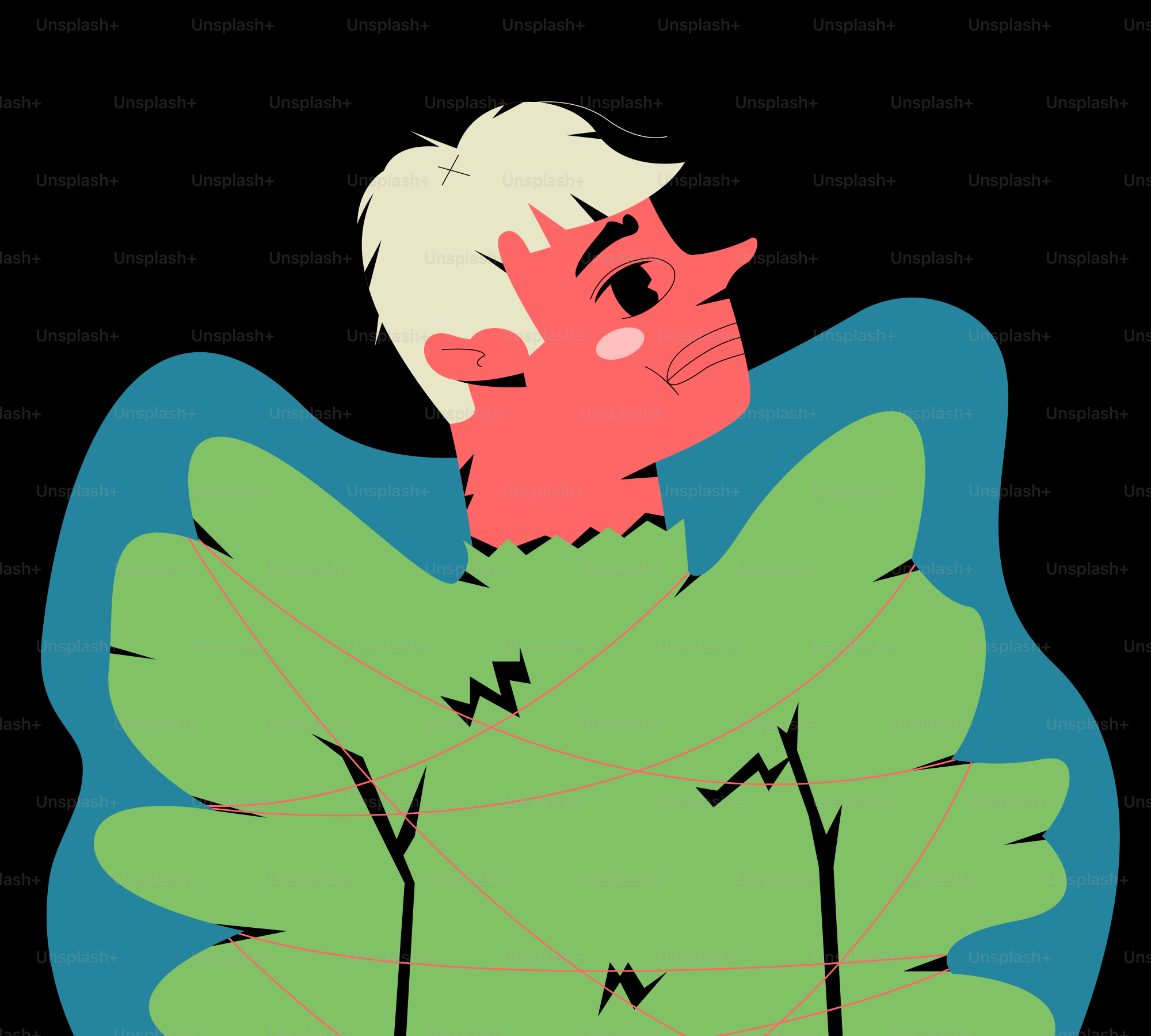 A stylized person wrapped in green leaves