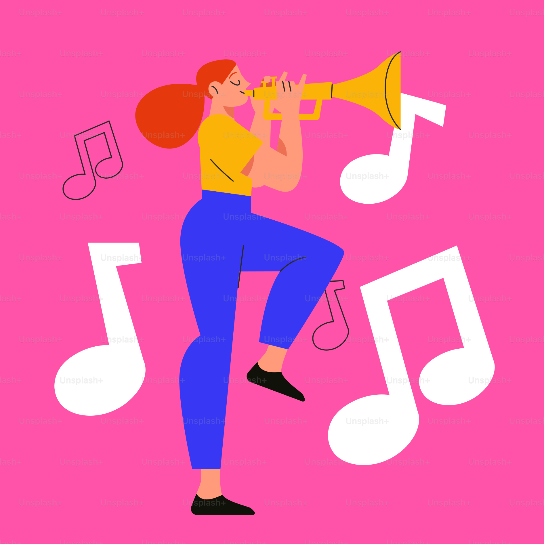 Mujer tocando la trompeta rodeada de notas musicales