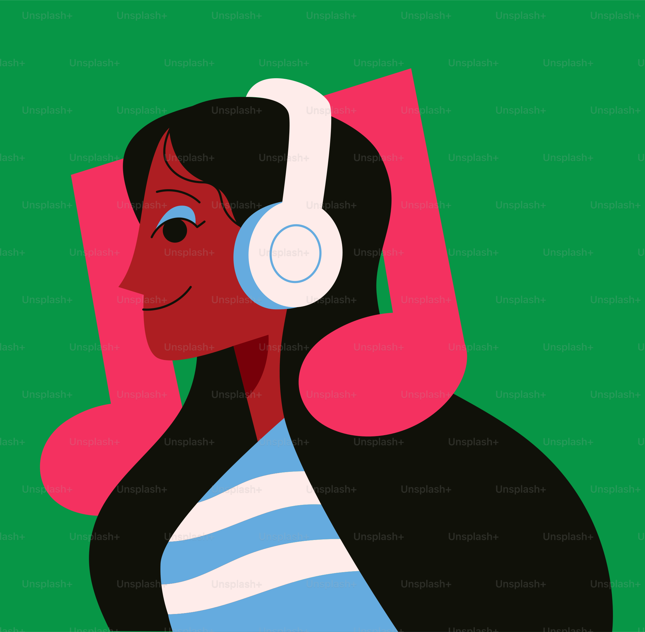 Woman with headphones listening to music with musical notes