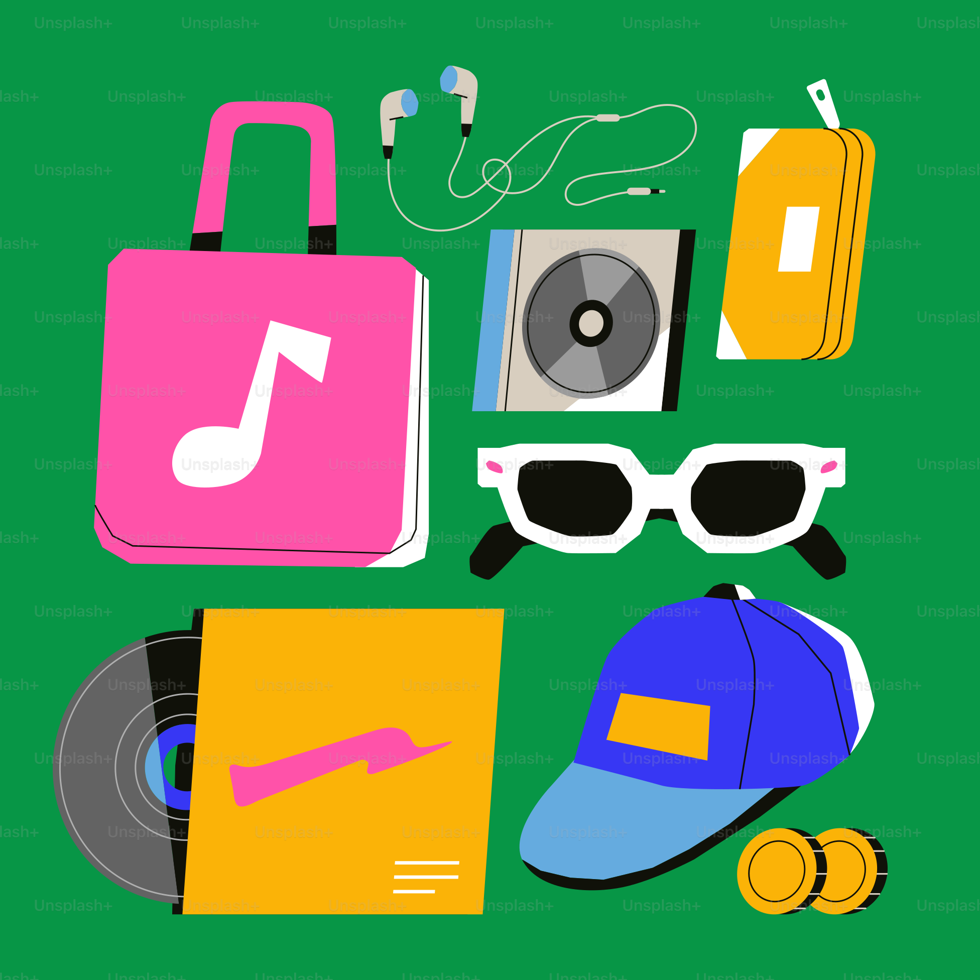 a green background with a hat, sunglasses, headphones, a record player,