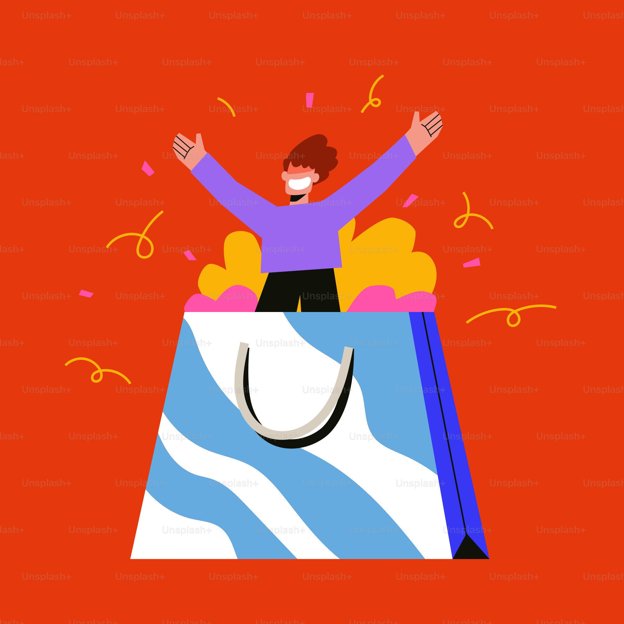 Pessoa saindo de uma sacola de presente com confete