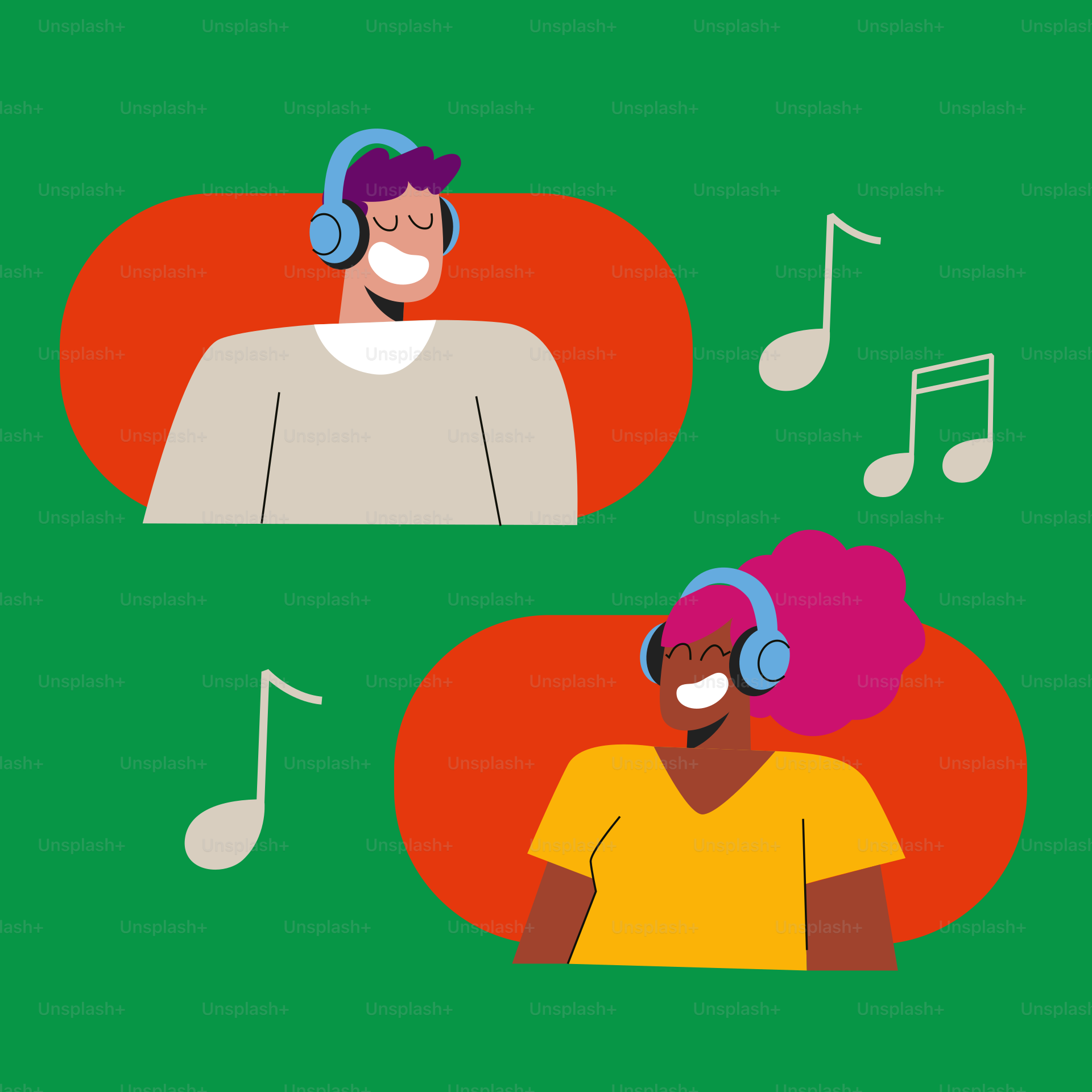 Two people listening to music with headphones
