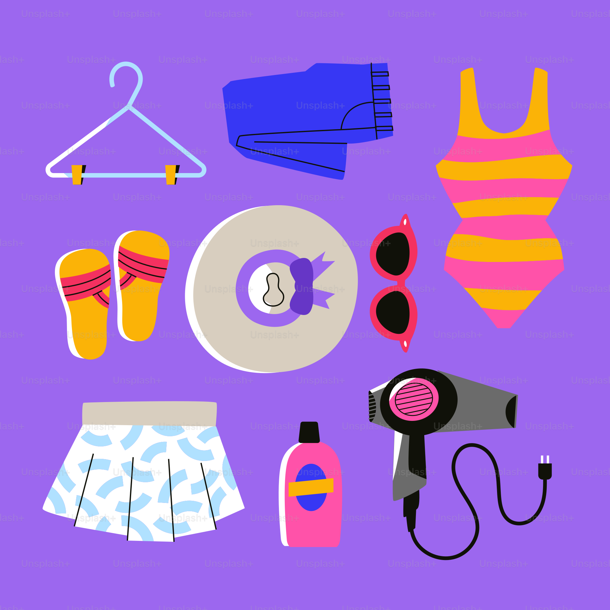 Flat lay of summer clothes and accessories on purple background